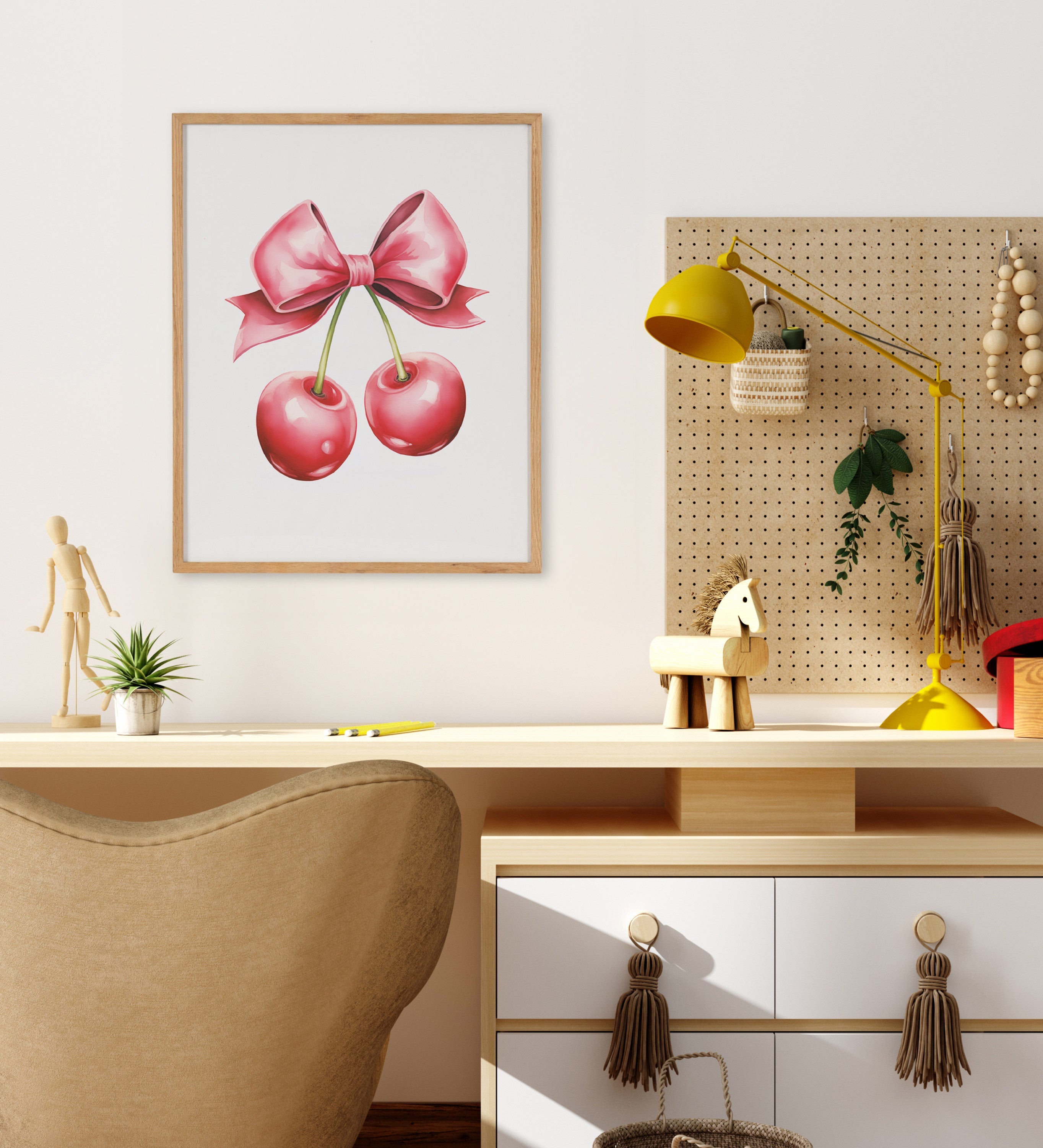 Gallery Coquette Preppy Retro Girly Red Pink Bow Cherries Print by The Creative Bunch Studio