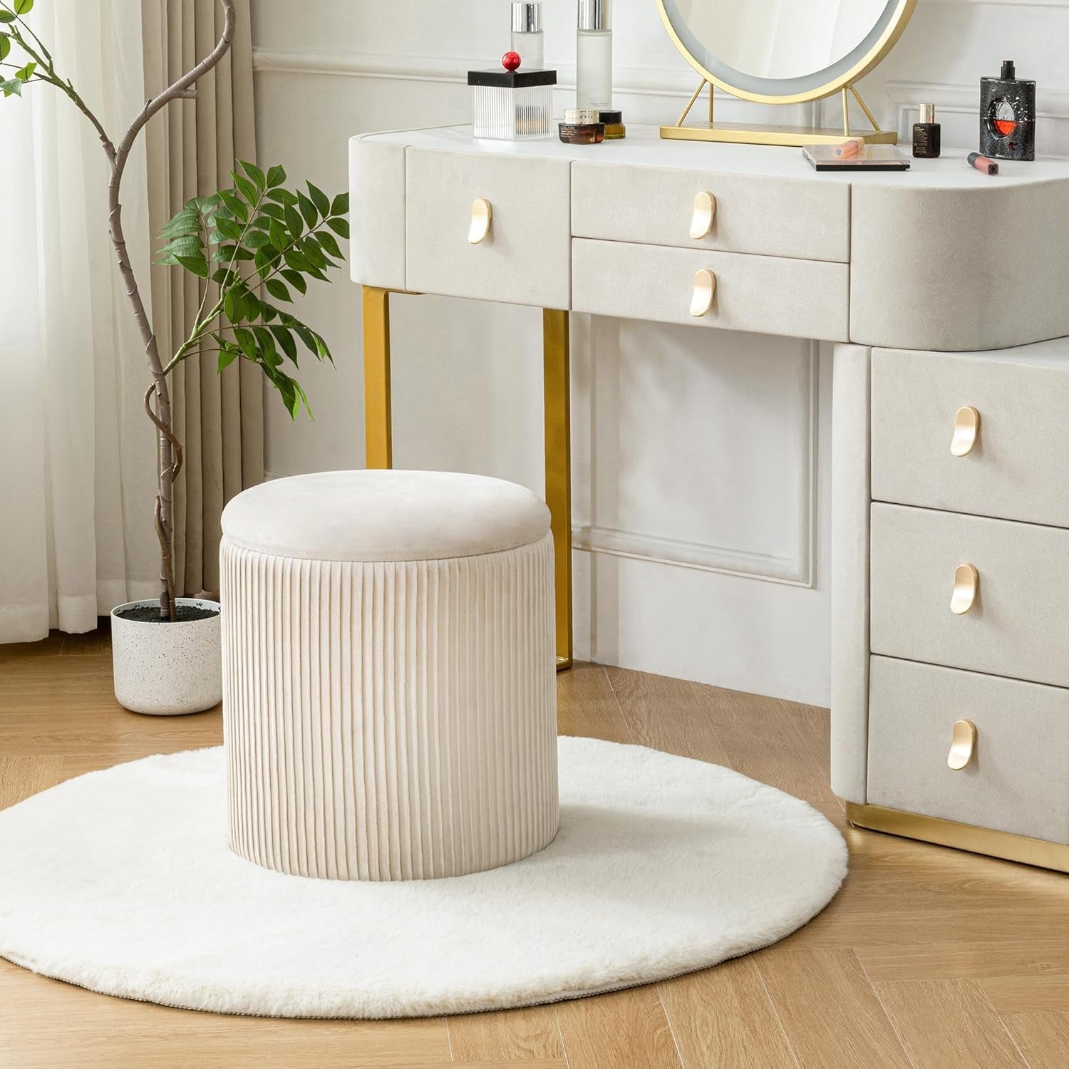 Beige Velvet Storage Ottoman With Hidden Compartment