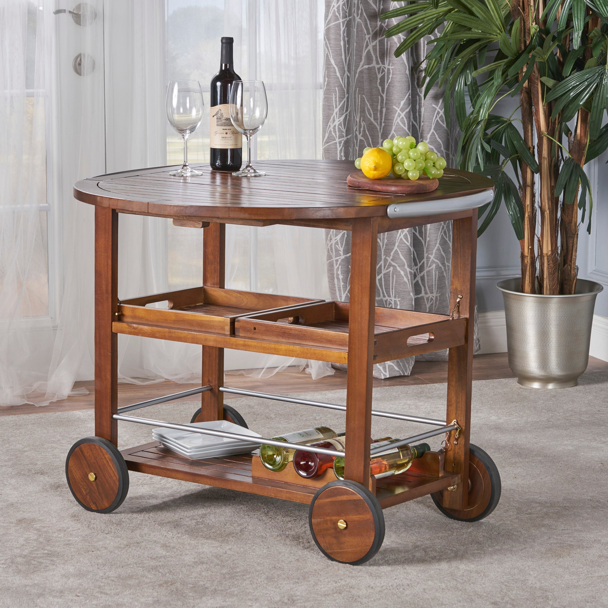Wood and Aluminum Bar Cart with 2 Shelves, Oak and Silver