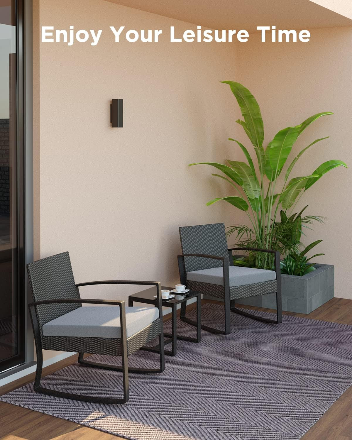 3 Piece Rattan Rocking Bistro Set With Coffee Table Outdoor Patio Furniture Grey Cushions