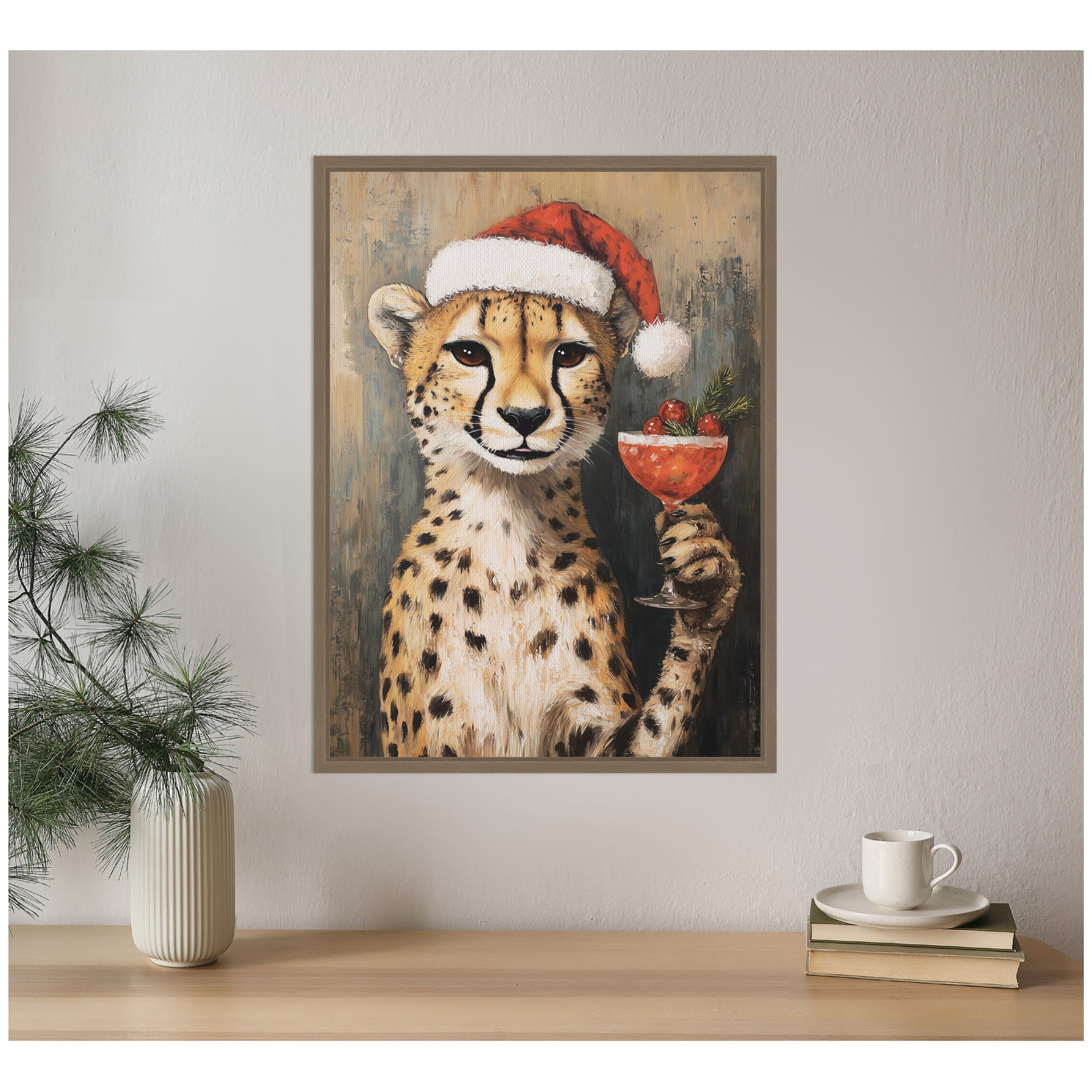 Sylvie Framed Canvas Cheetah Festive Cocktail Santa Hat by The Creative Bunch Studio