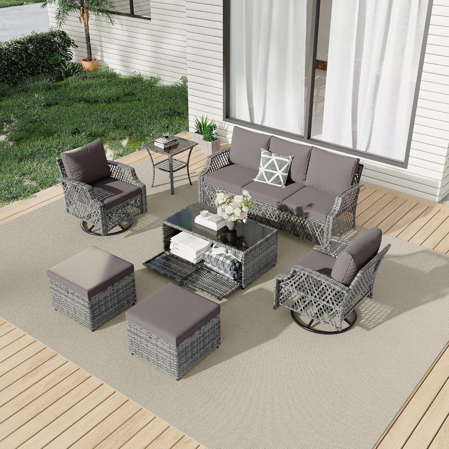 7 Piece Wicker Patio Furniture Set with Storage Coffee Table