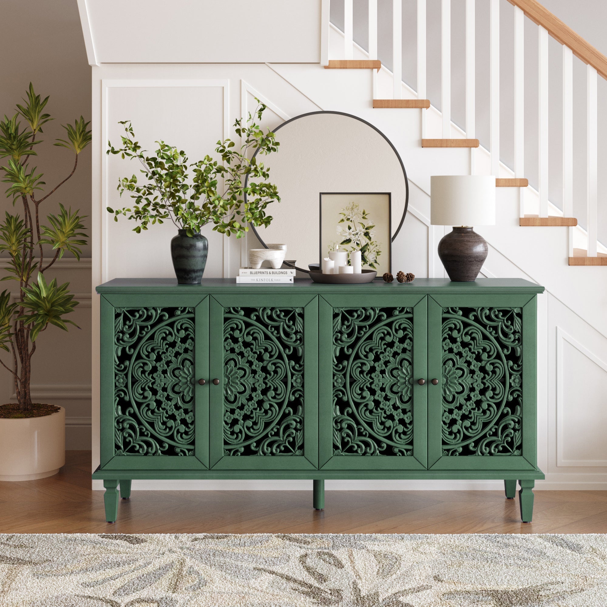 60' Antique Buffet Cabinet with Floral Carvings