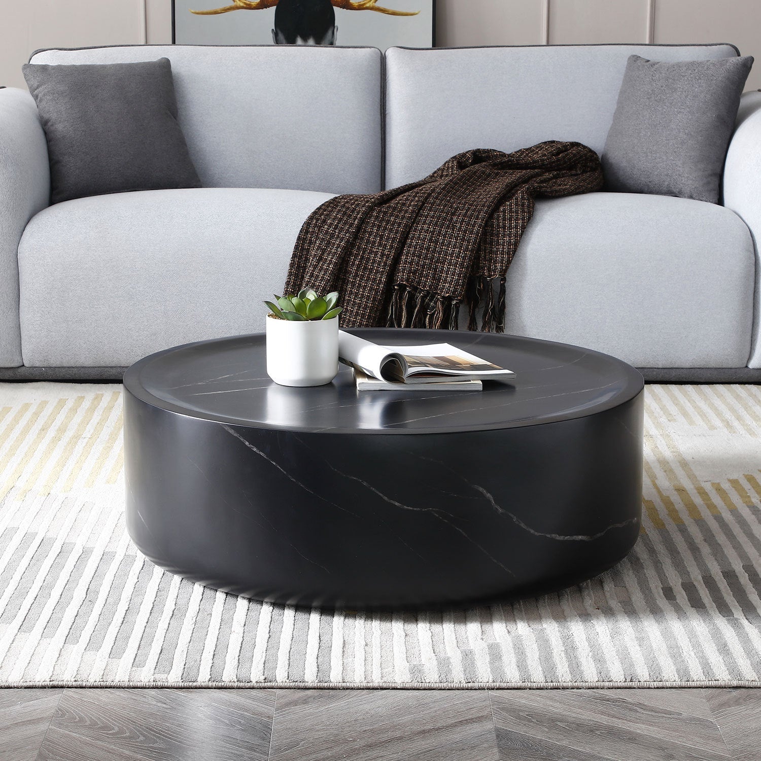 Round Black Marble Fiberglass Coffee Table-4