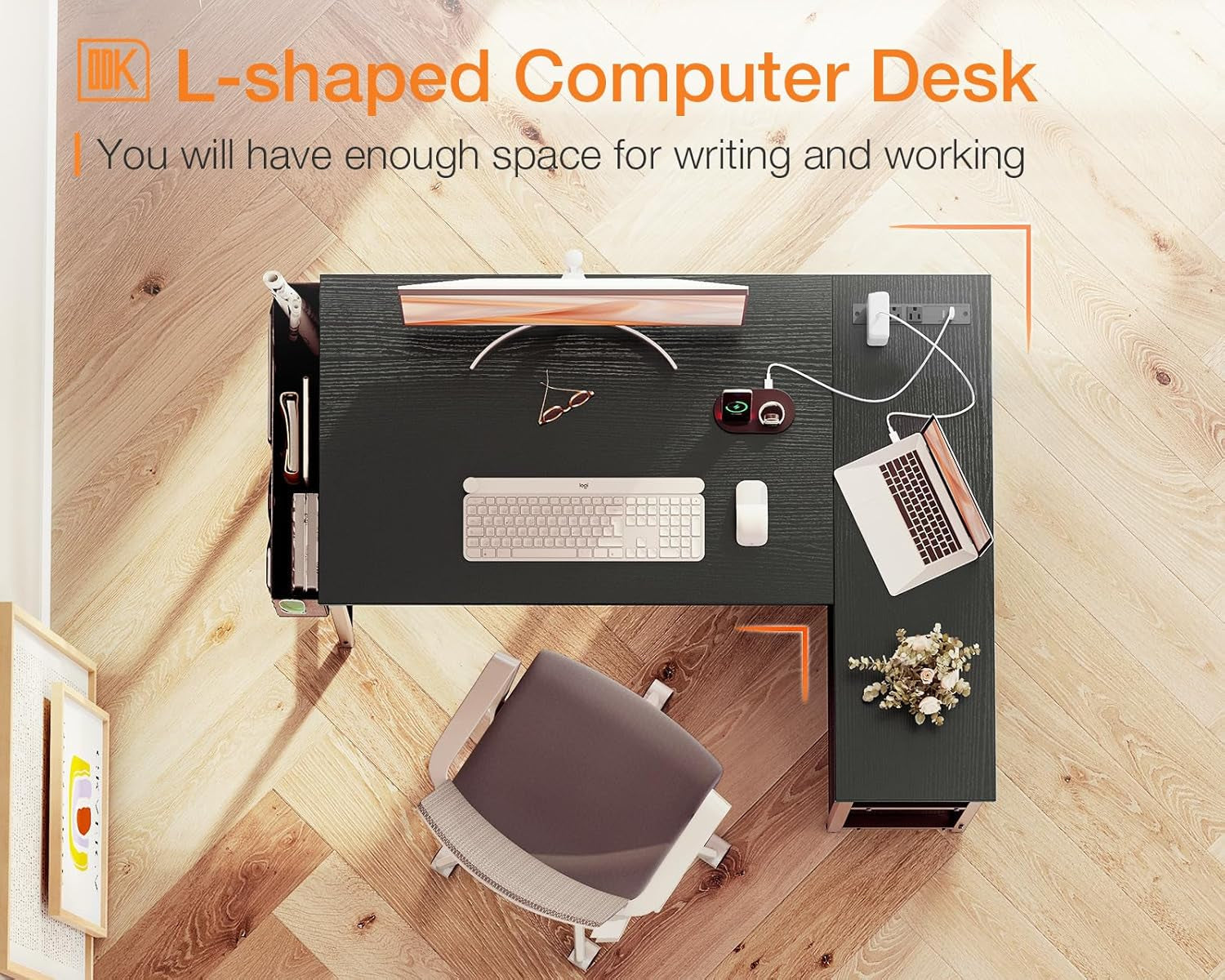 40In L Shaped Gaming Desk With Power Outlets Black