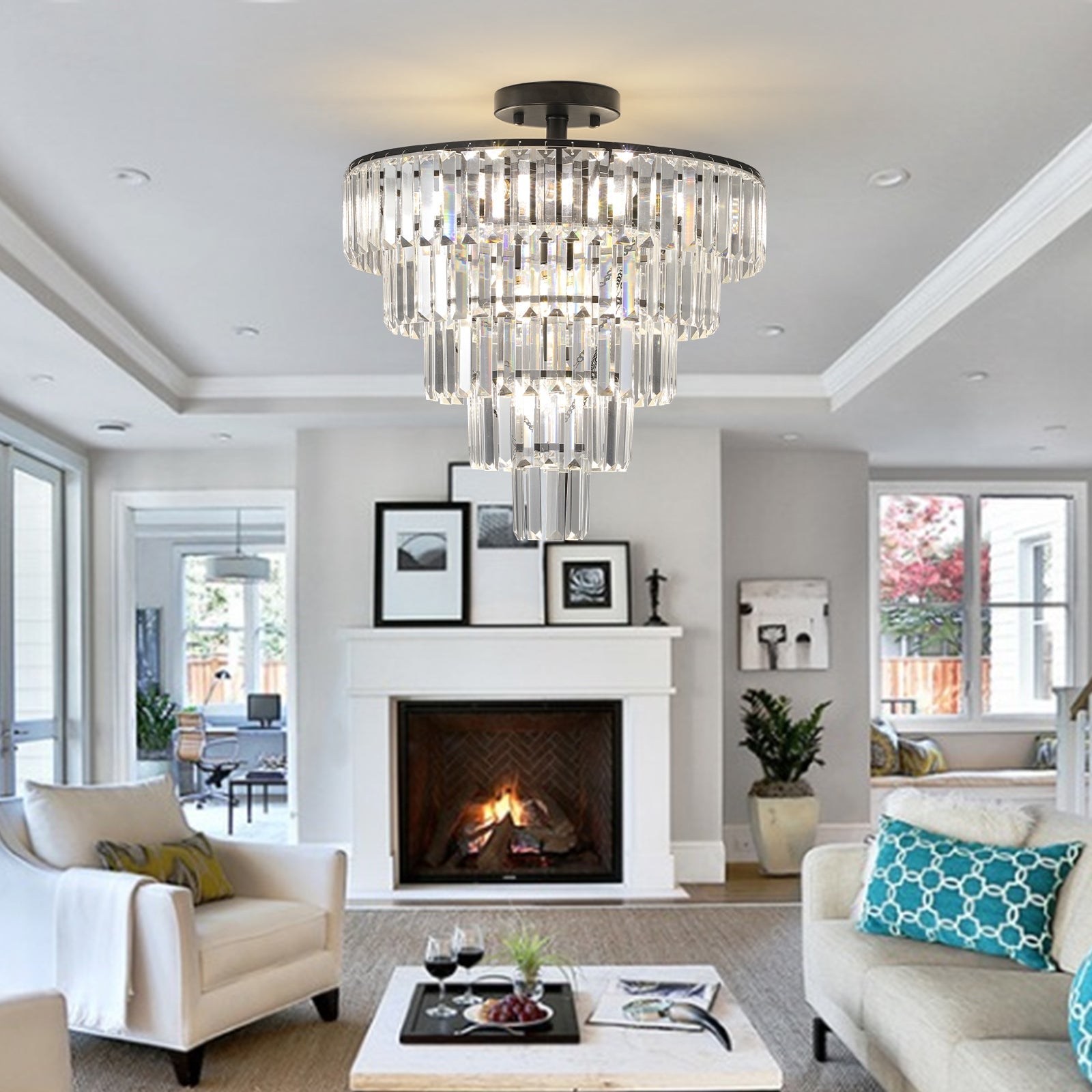 20' Black Crystal Chandelier Ceiling Light, Modern Luxury 10-Light Flush Mount