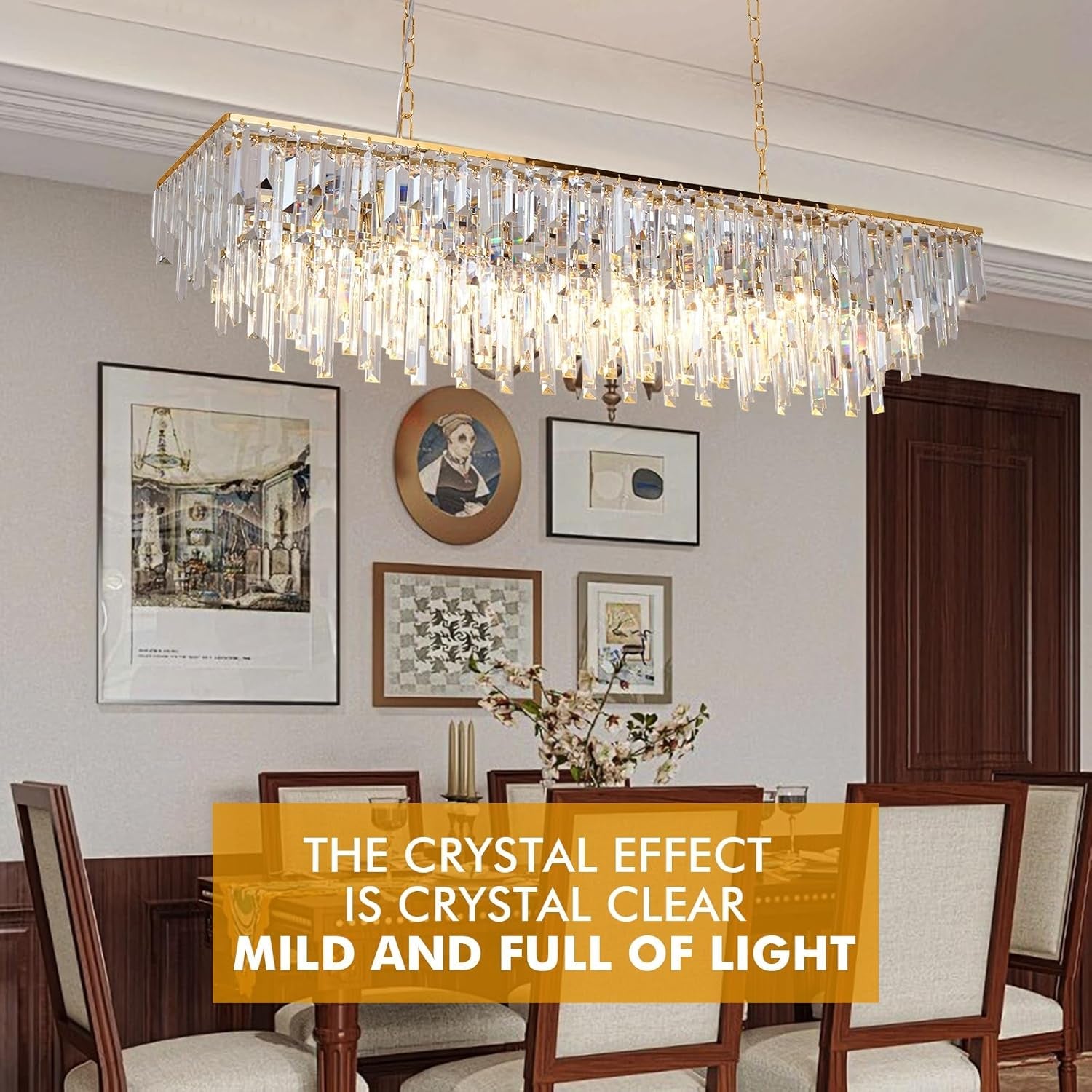 47 Inch Gold Rectangular Crystal Chandelier With Prisms-4