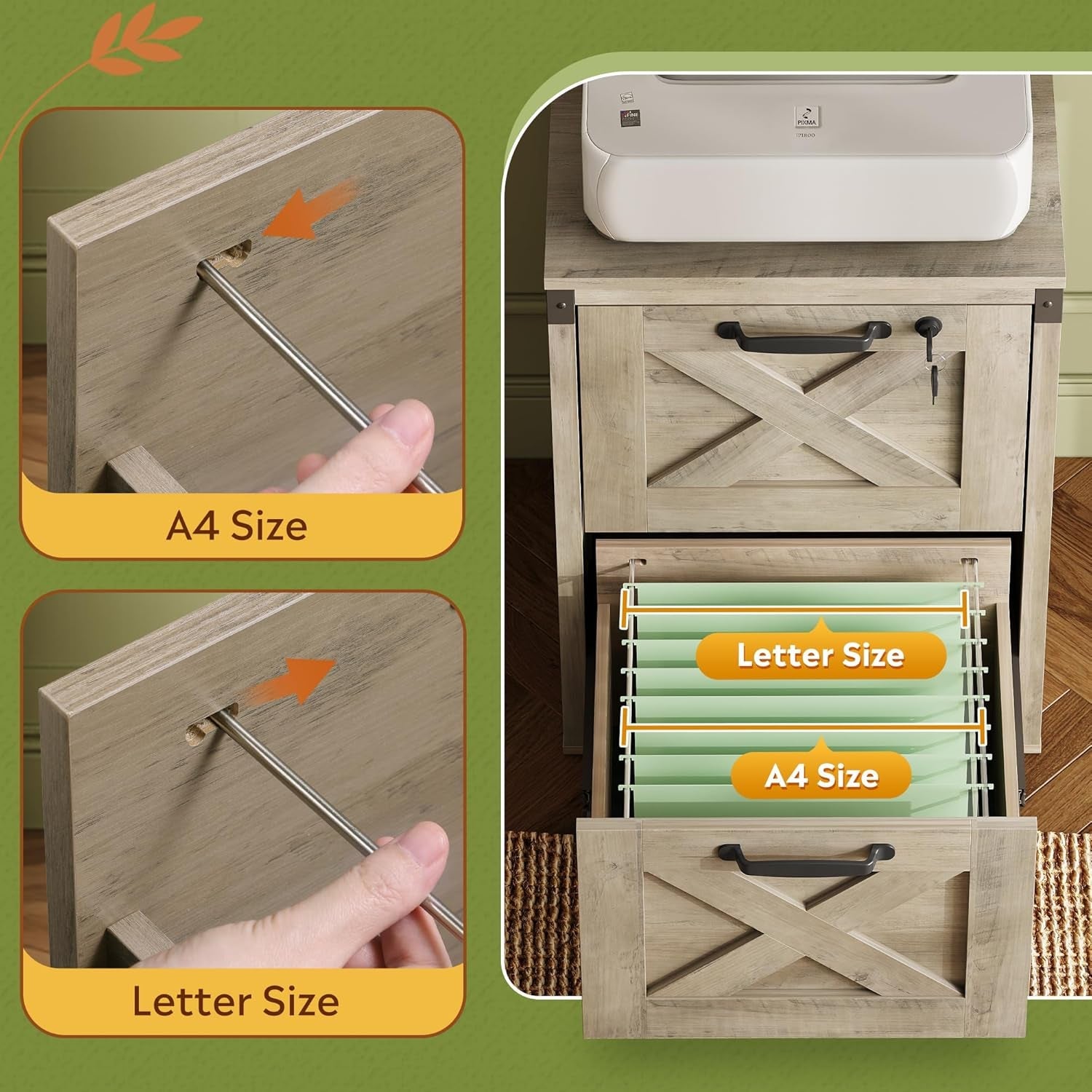 2 Drawer File Cabinet With Lock Gray Oak Farmhouse Home Office Printer Stand Fits Letter A4