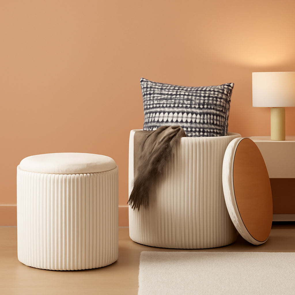 Beige Velvet Storage Ottoman With Hidden Compartment