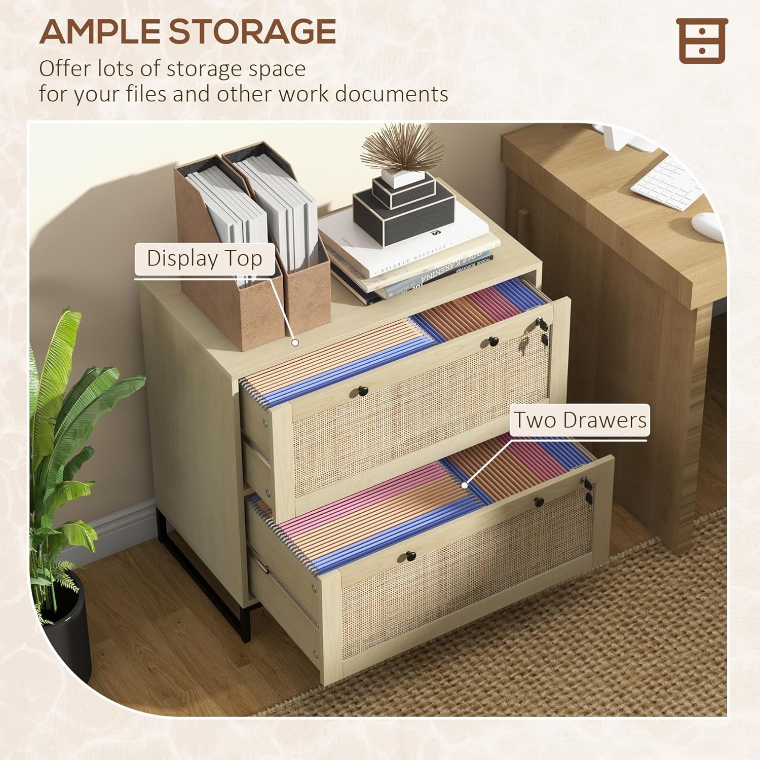 Two Drawer Rattan File Cabinet With Lock, Printer Stand And Adjustable Bars For Letter A4 Legal Files Natural Finish
