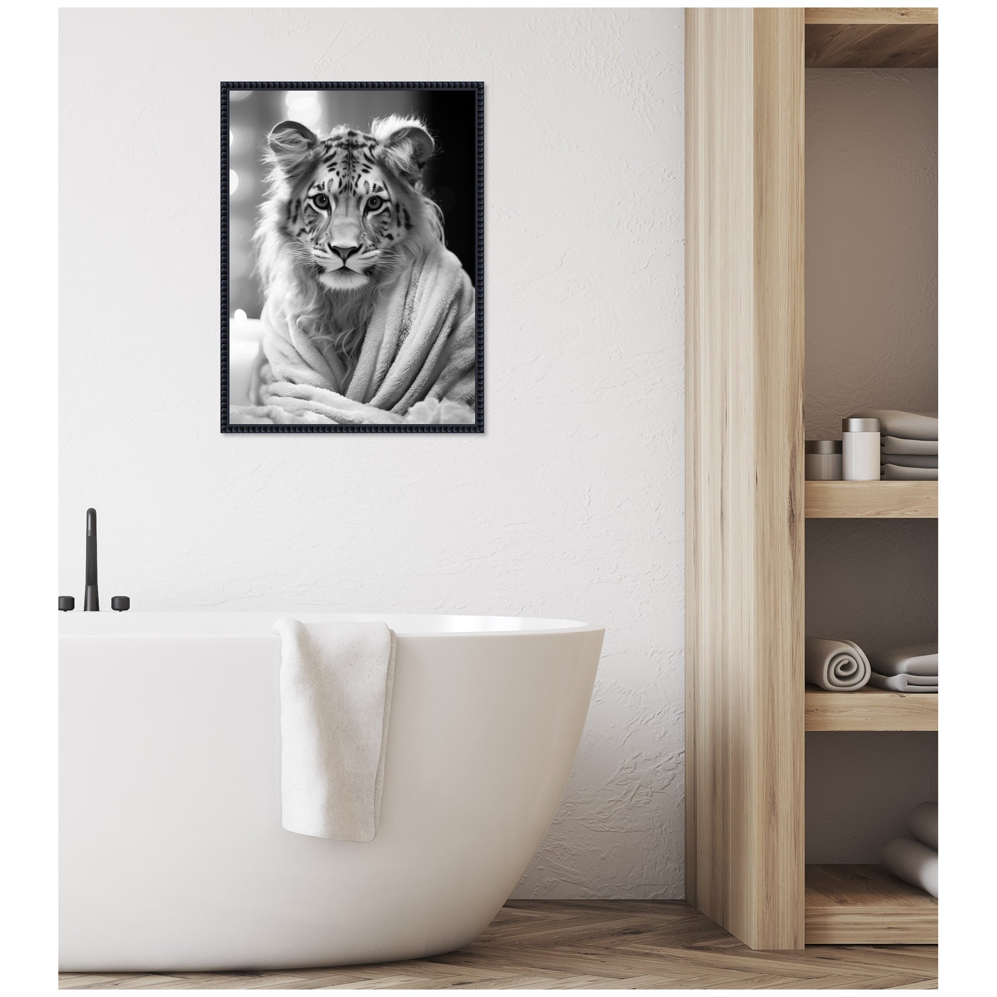 Sylvie Tiger Glam Bathroom Towel Robe Black and White Framed Canvas by The Creative Bunch Studio