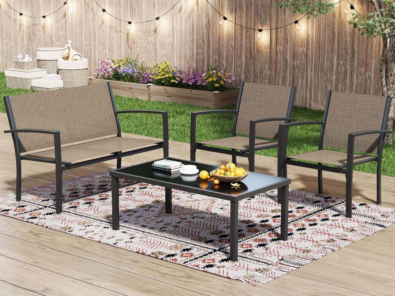 4 Piece Patio Furniture Set With Glass Coffee Table Brown