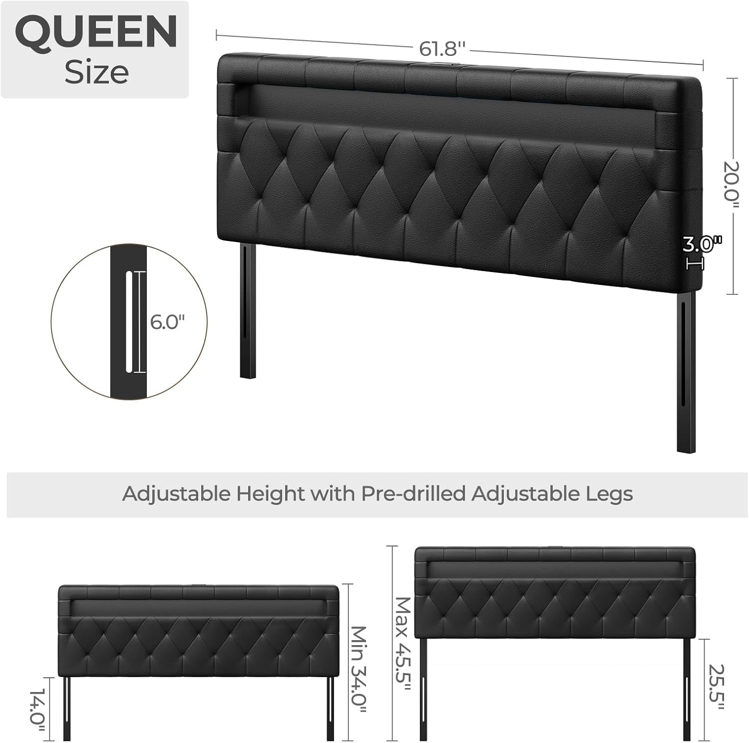 Adjustable Queen Size Headboard with 60000 LED Colors