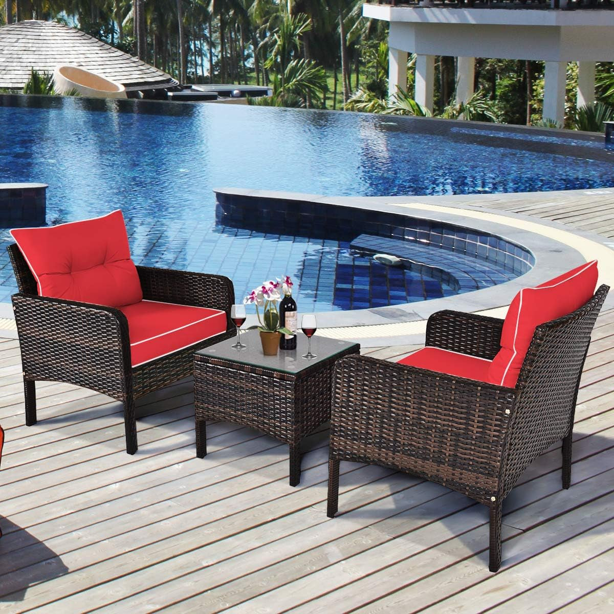 Red 3 Piece Outdoor Patio Furniture Set With Wicker Chairs And Glass Top Coffee Table