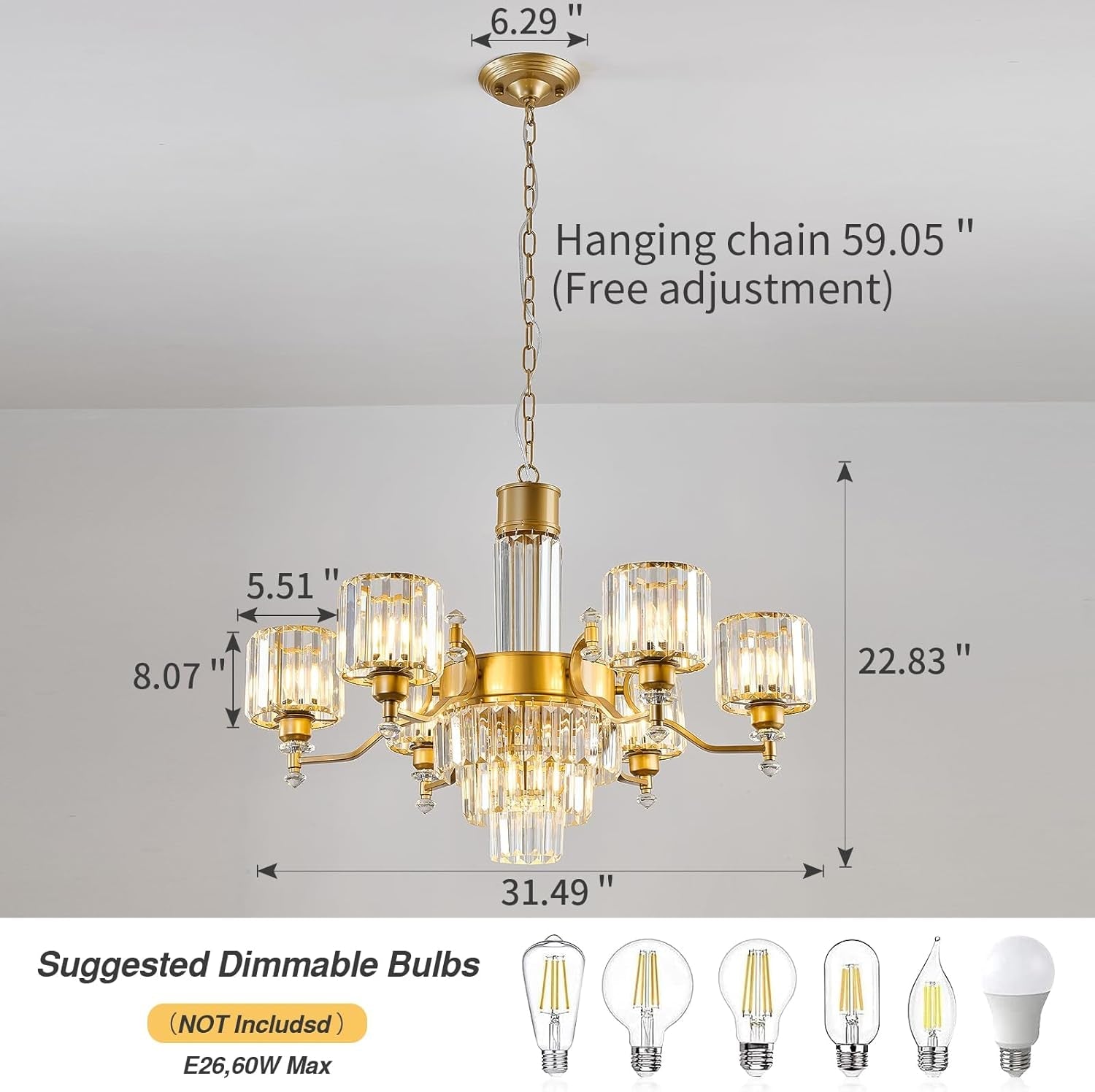 Seven Light Crystal Chandelier Gold Finish Ceiling Fixture-1
