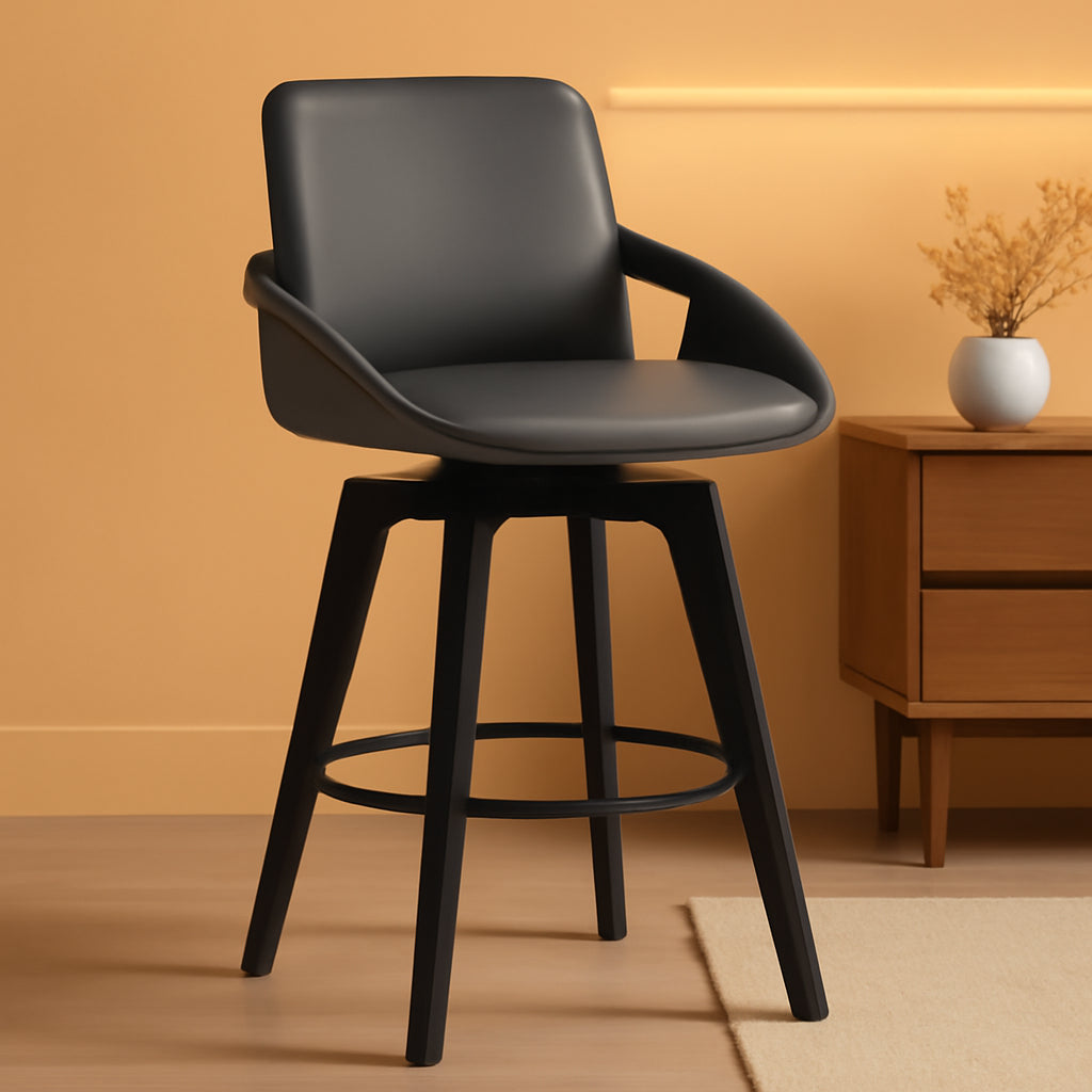 Mid Century Swivel Bar Stool Gray Faux Leather 26 Inch Seat