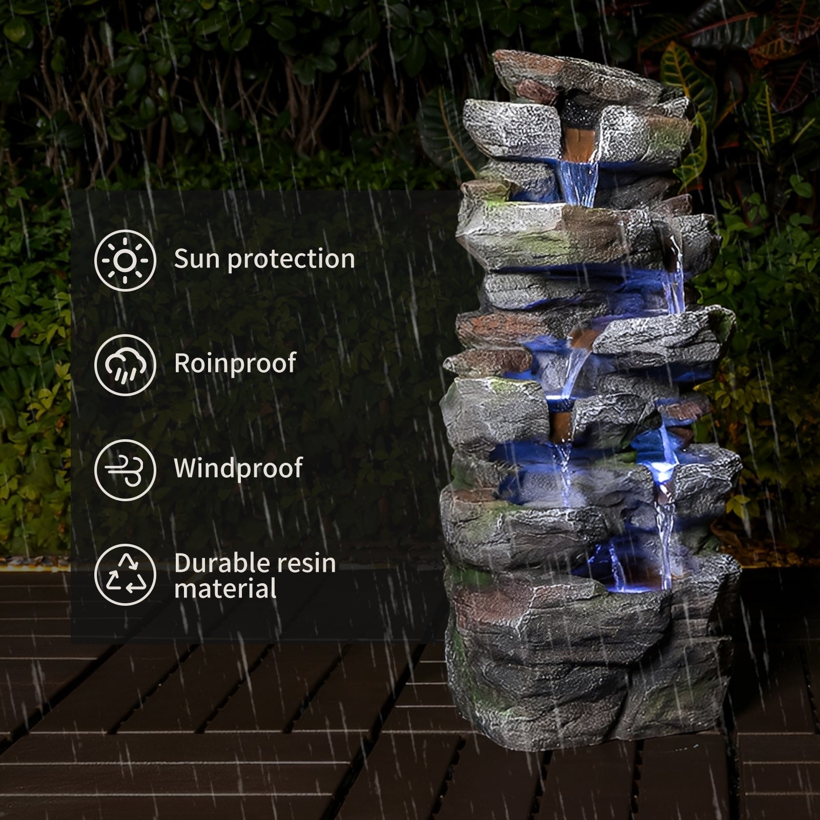 Rock Waterfall Outdoor Fountain with LED Lights