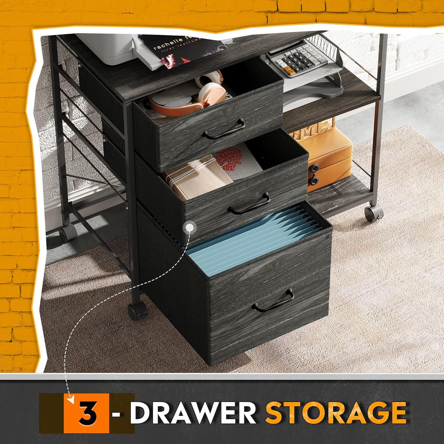 Three Drawer Mobile File Cabinet With Open Storage Shelf Charcoal Black Wood Grain