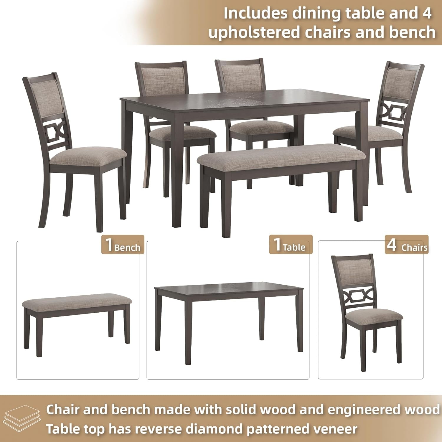Diamond Patterned Dining Table Set Gray Walnut Stain