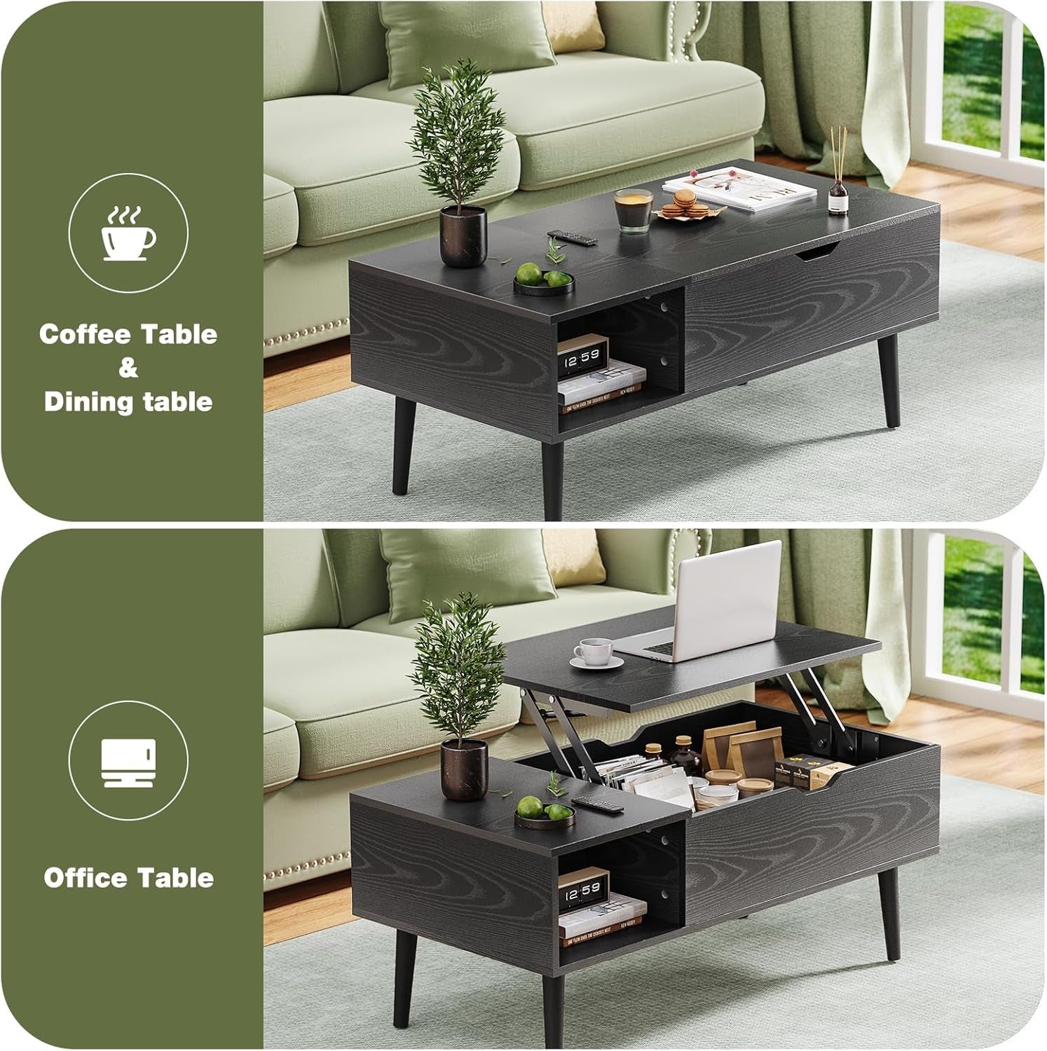 Black Wood Lift Top Coffee Table With Hidden Compartment