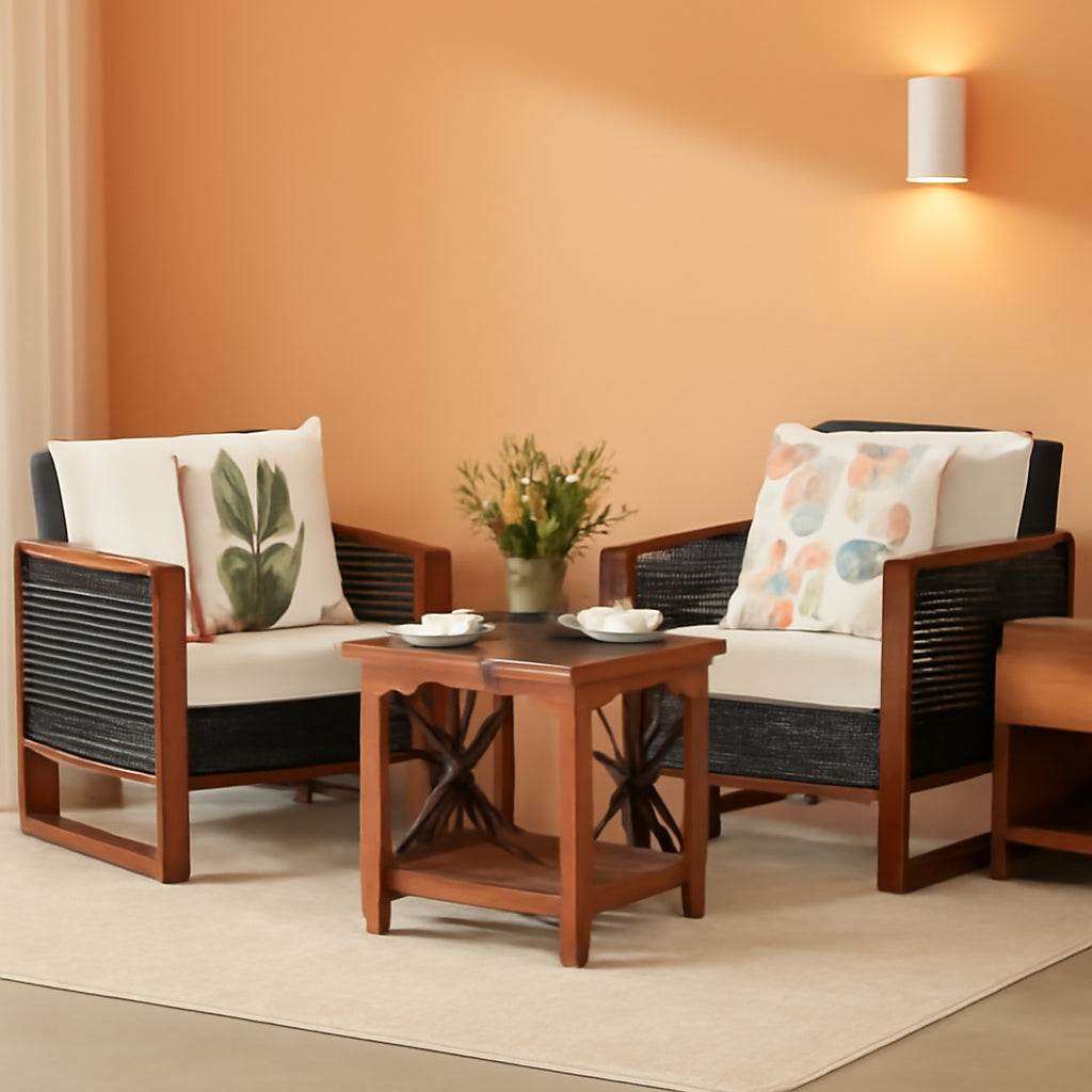 3 Piece Patio Wicker Furniture Set With Beige Washable Cushions And Acacia Wood Coffee Table