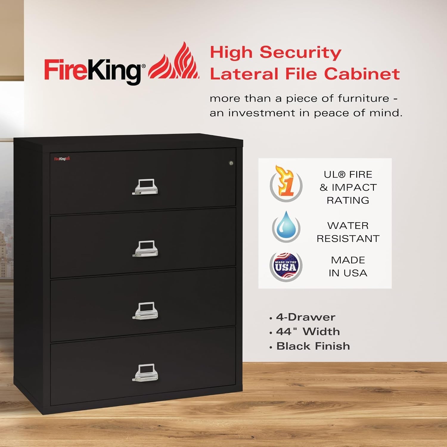 Lateral 4 Drawer Fire Safe File Cabinet With Key Lock Black