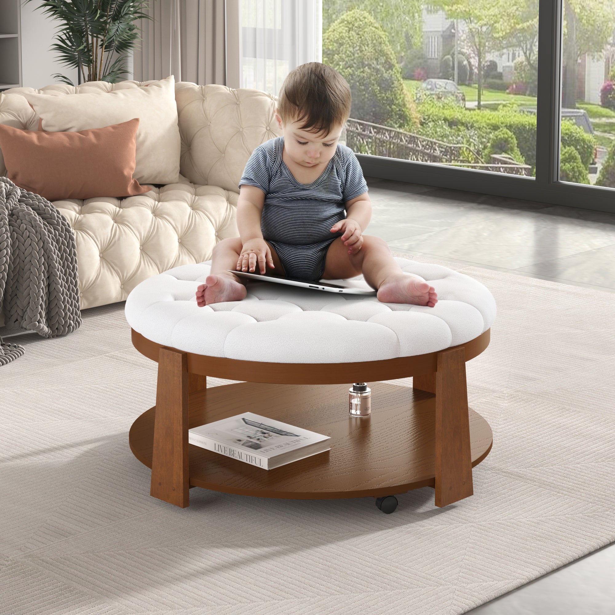 Modern Large Round Ottoman Coffee Table 2-Tier