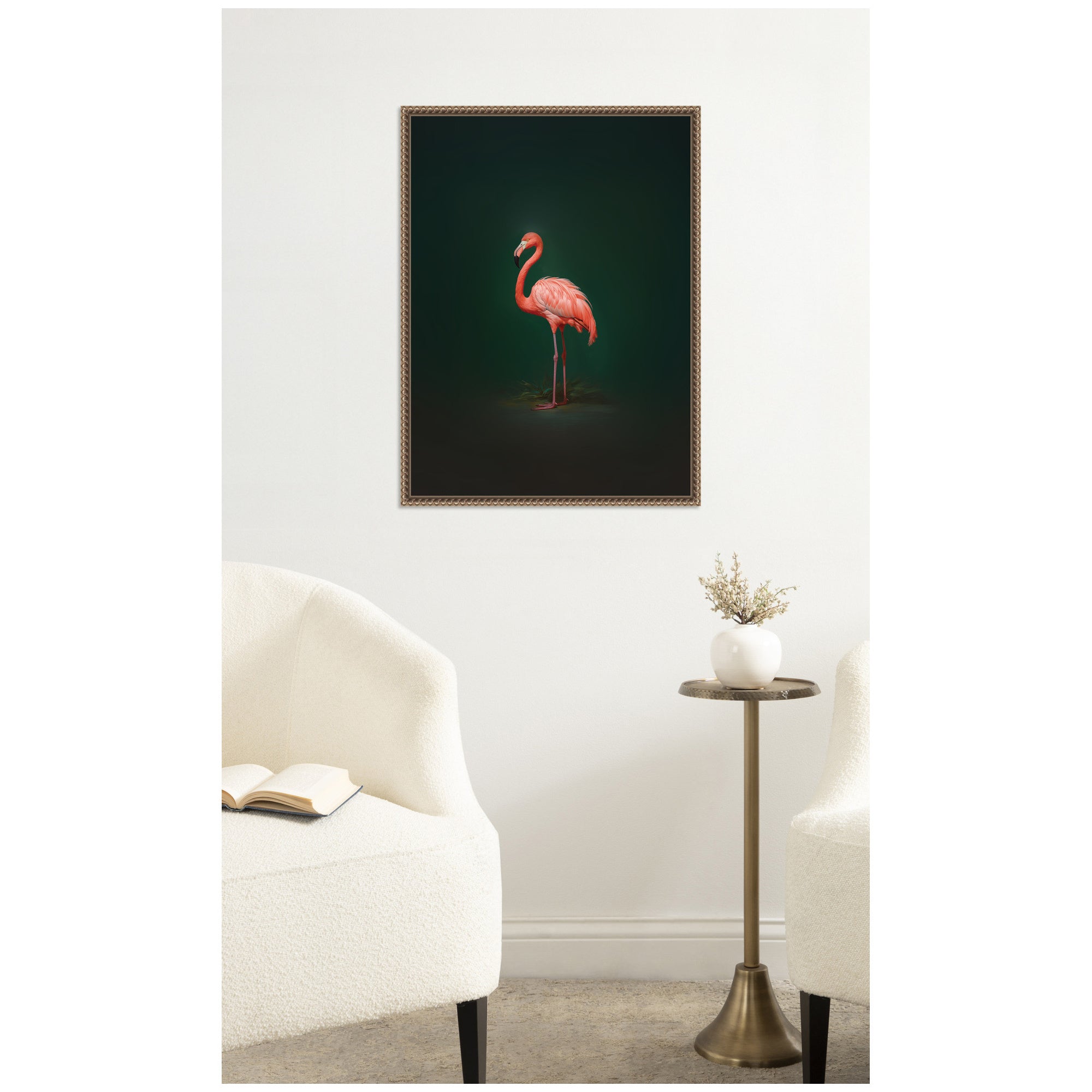 Flamingo Side View Rich Green Backdrop by The Creative Bunch Studio Framed Canvas Wall Art Print