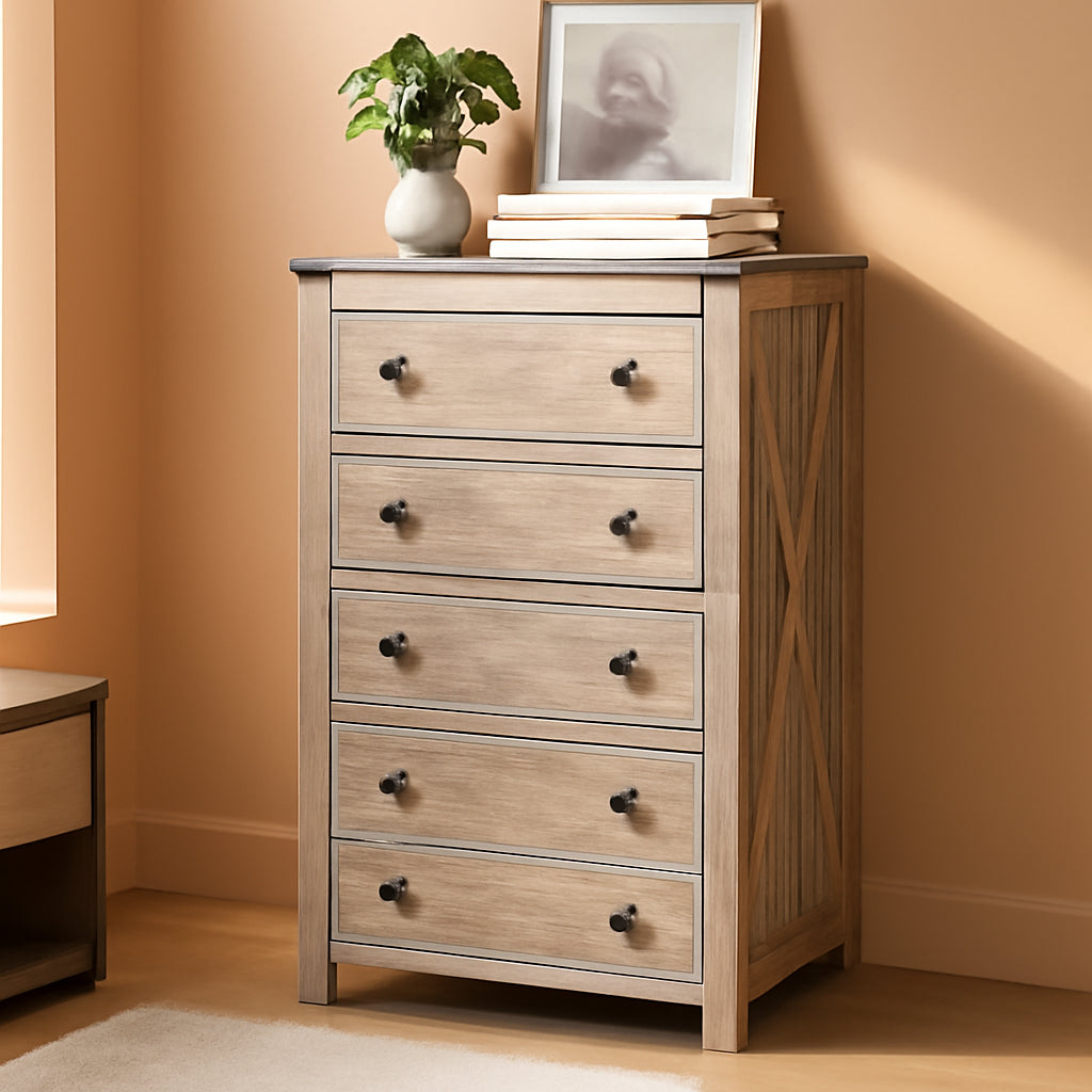 Rustic Oak Tall Dresser 5 Drawer Chest For Bedroom