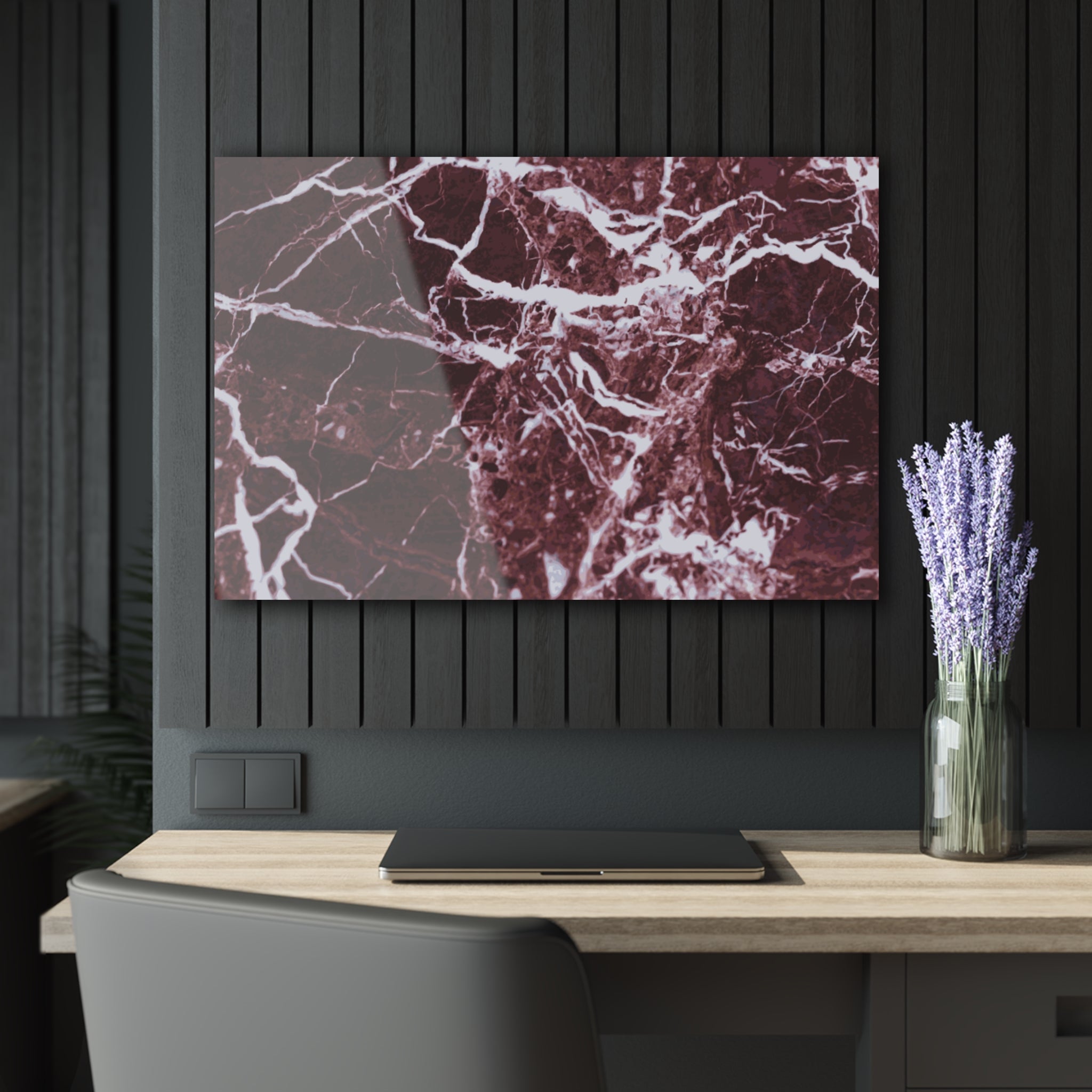 Burgundy marble print, glass home decor, white leines