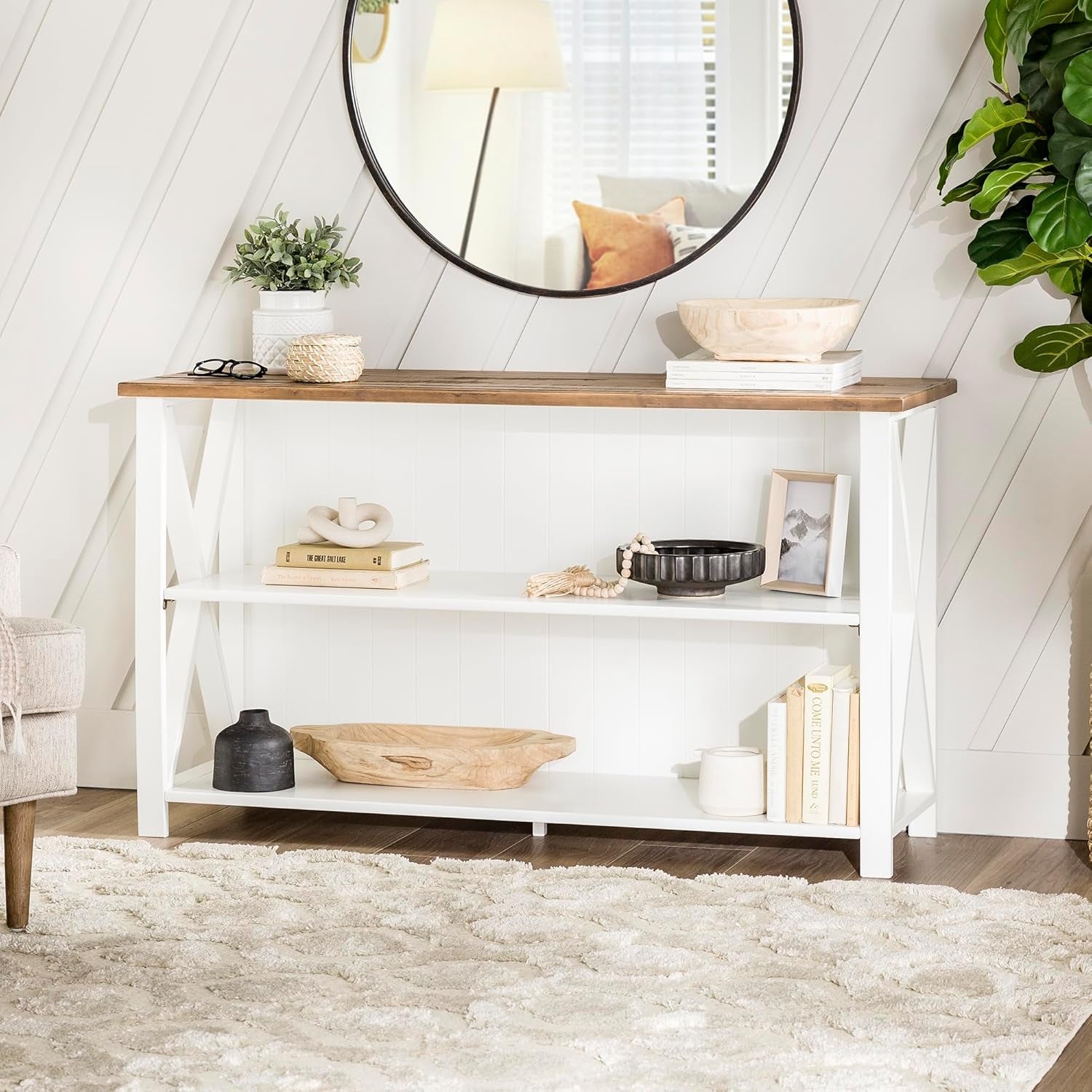 52 Inch White 2 Tier Modern Farmhouse Wood Bookcase Bookshelf for Home Office Storage Cabinet