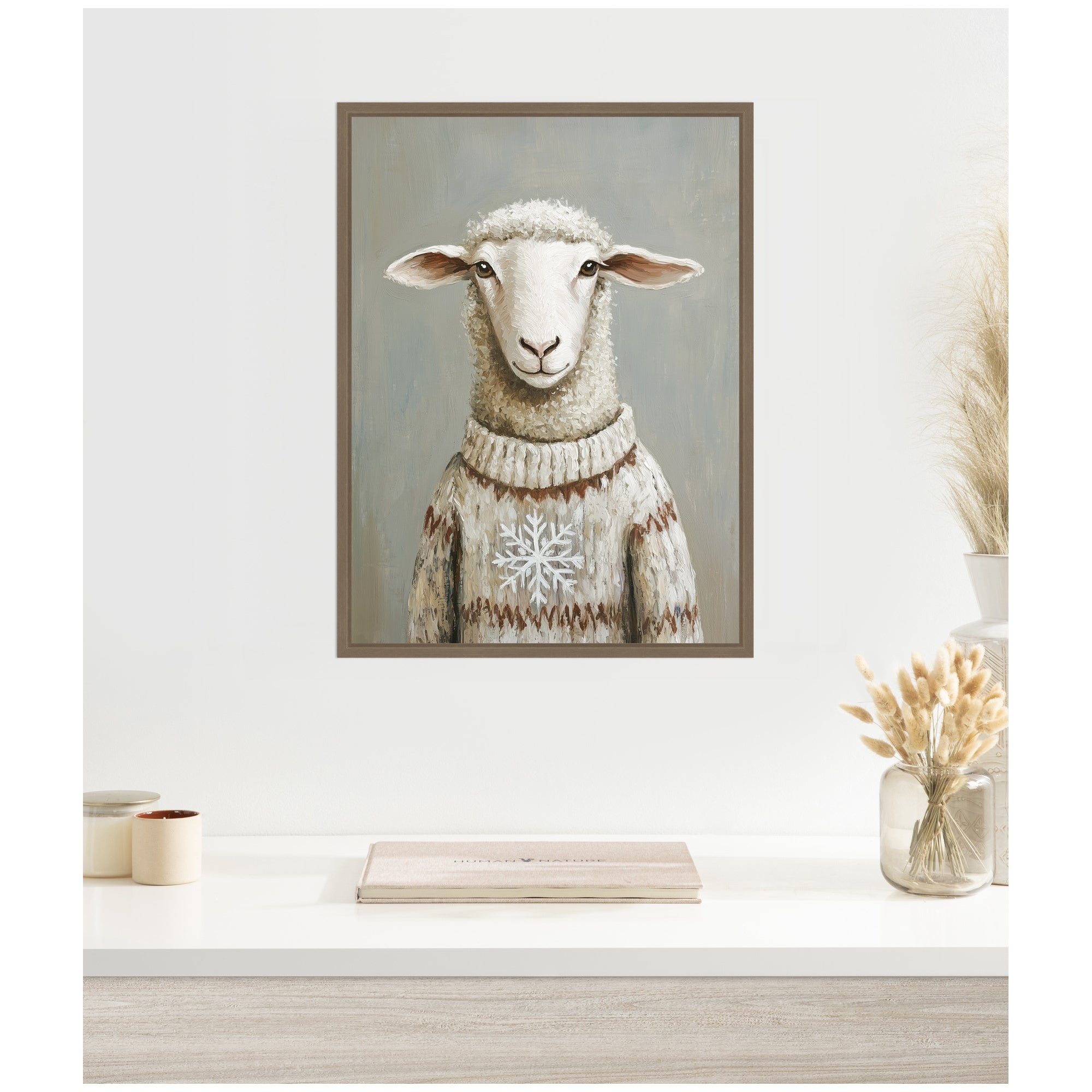 Sylvie Framed Canvas Sheep in Winter Snowflake Sweater by The Creative Bunch Studio