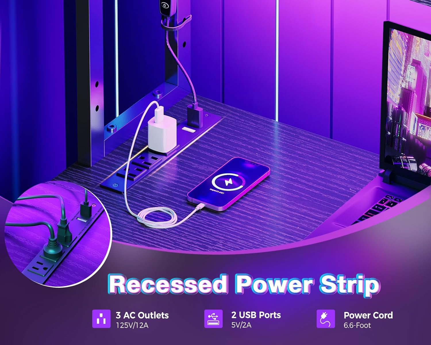 L Shaped Gaming Desk With LED Lights And Power Outlets