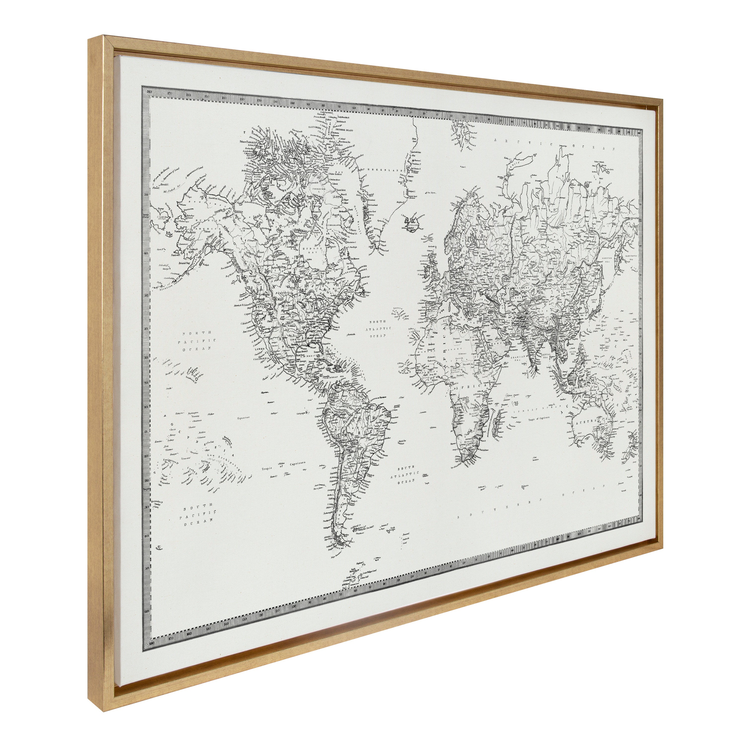 Sylvie Vintage Black and White World Map Framed Canvas by The Creative Bunch Studio