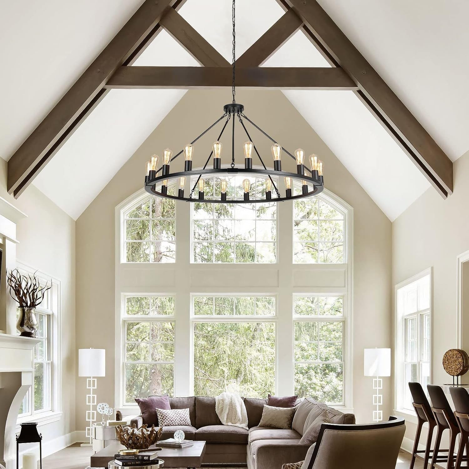 Matte Black Wagon Wheel Chandelier 48 Inch Lighting-3