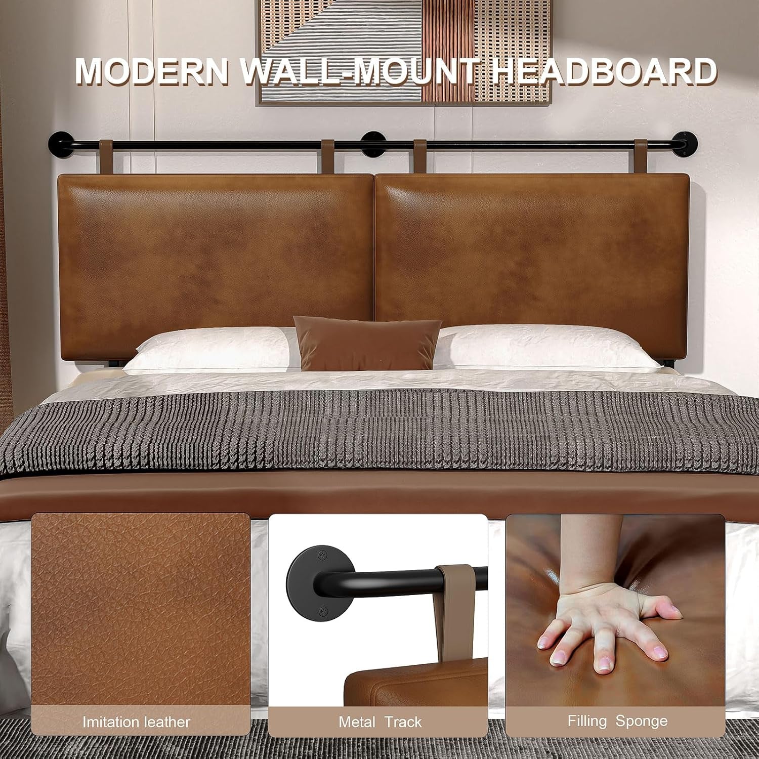 Brown King Size Wall Mounted PU Leather Headboard