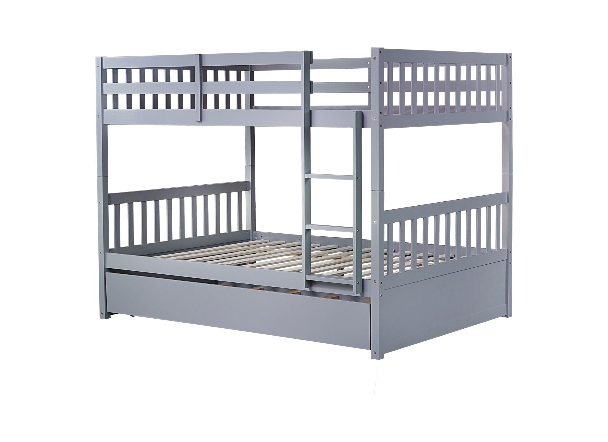 Family-Friendly Full Over Full Wood Bunk Bed with Twin Trundle, Ladder, Guardrails, Gray | Just Better Bunk Beds