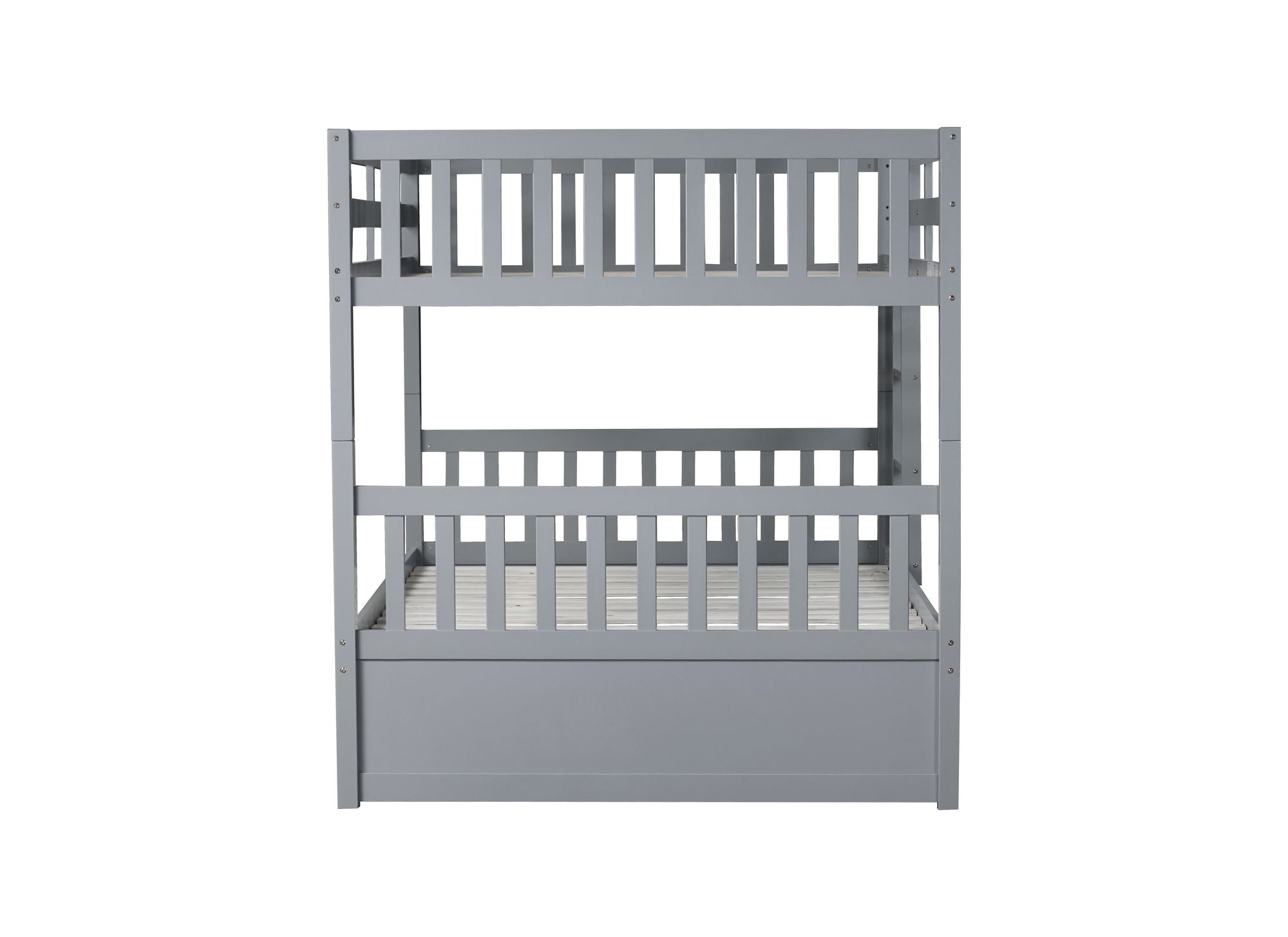 Family-Friendly Full Over Full Wood Bunk Bed with Twin Trundle, Ladder, Guardrails, Gray | Just Better Bunk Beds