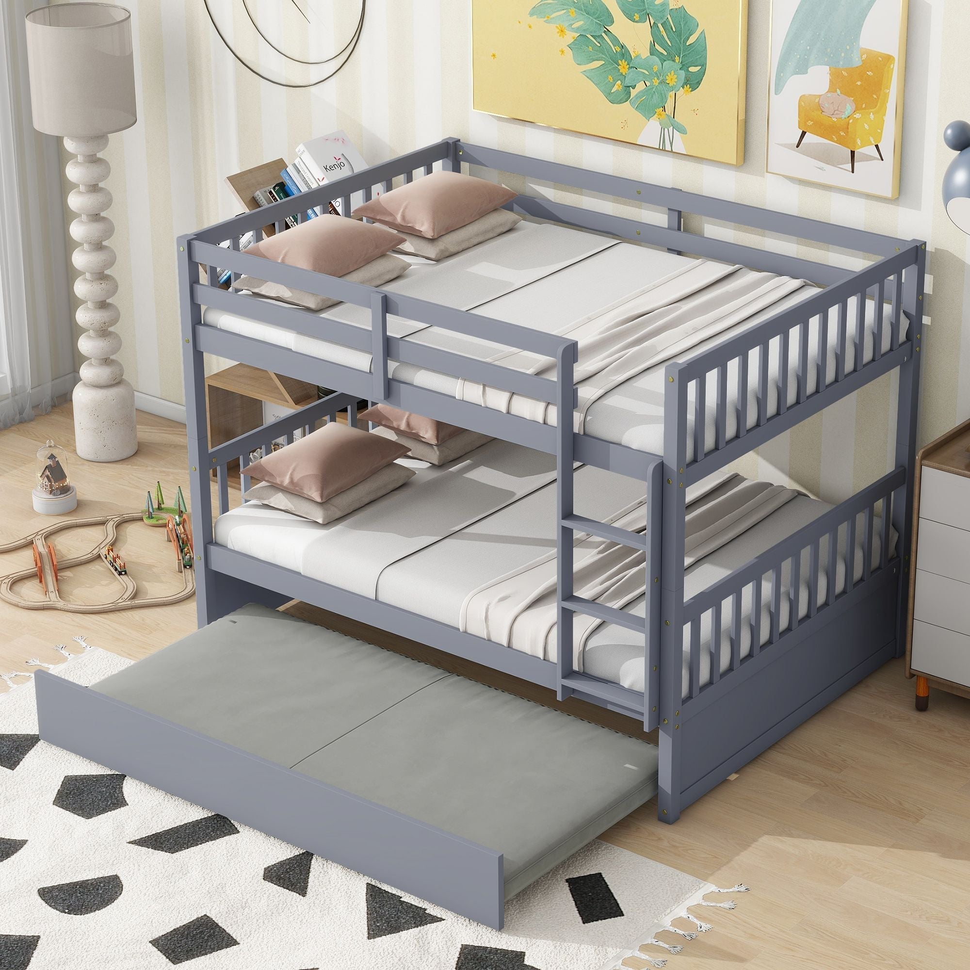Family-Friendly Full Over Full Wood Bunk Bed with Twin Trundle, Ladder, Guardrails, Gray | Just Better Bunk Beds