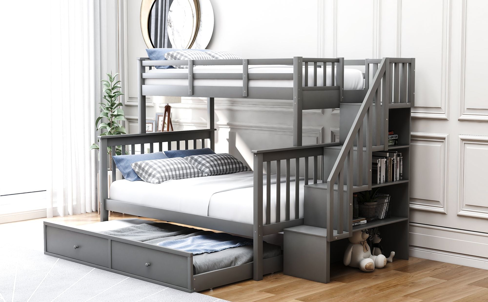 Family-Friendly Twin-Over-Full Wood Bunk Bed with Twin Trundle, Stairway Storage, Gray or White | Just Better Bunk Beds
