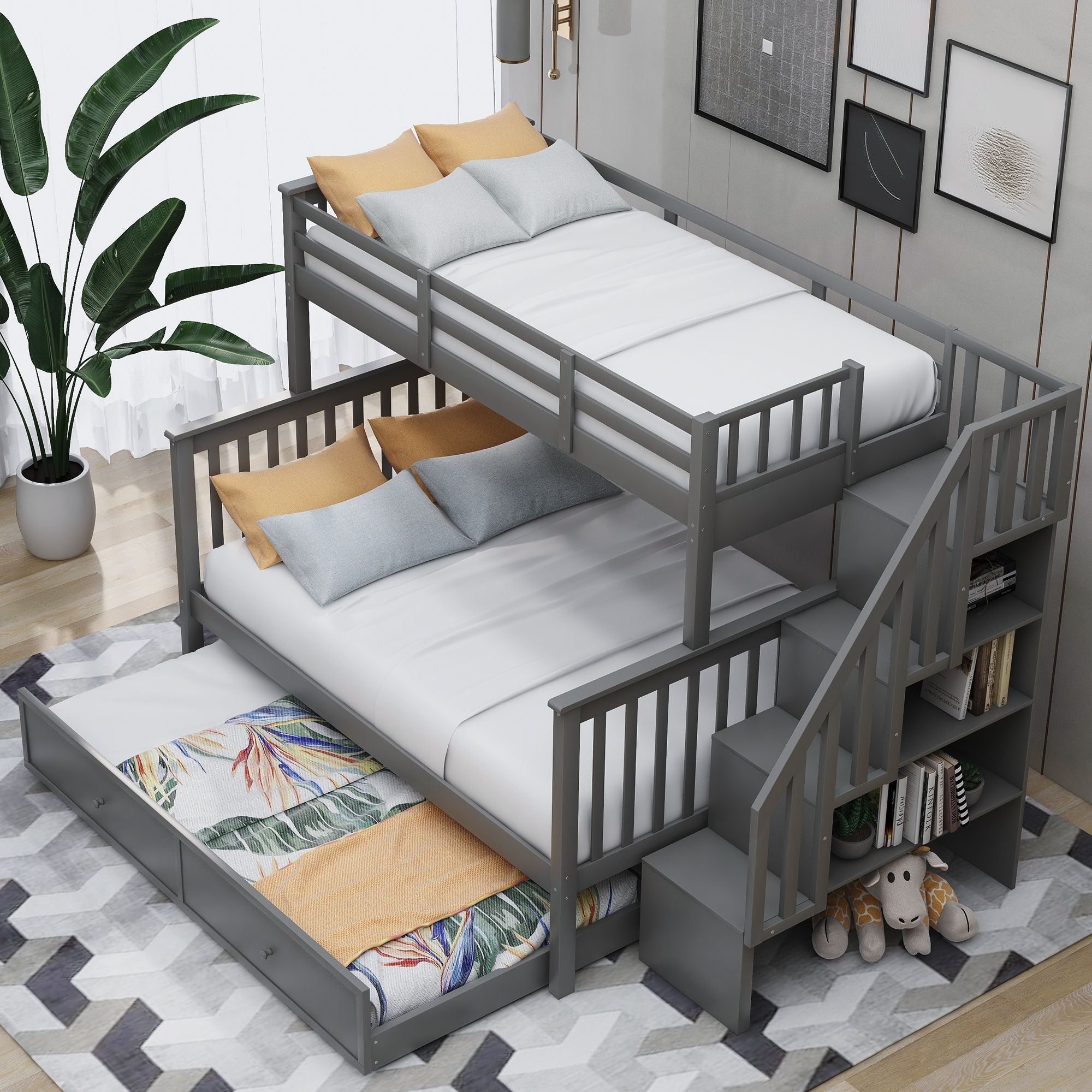Family-Friendly Twin-Over-Full Wood Bunk Bed with Twin Trundle, Stairway Storage, Gray or White | Just Better Bunk Beds