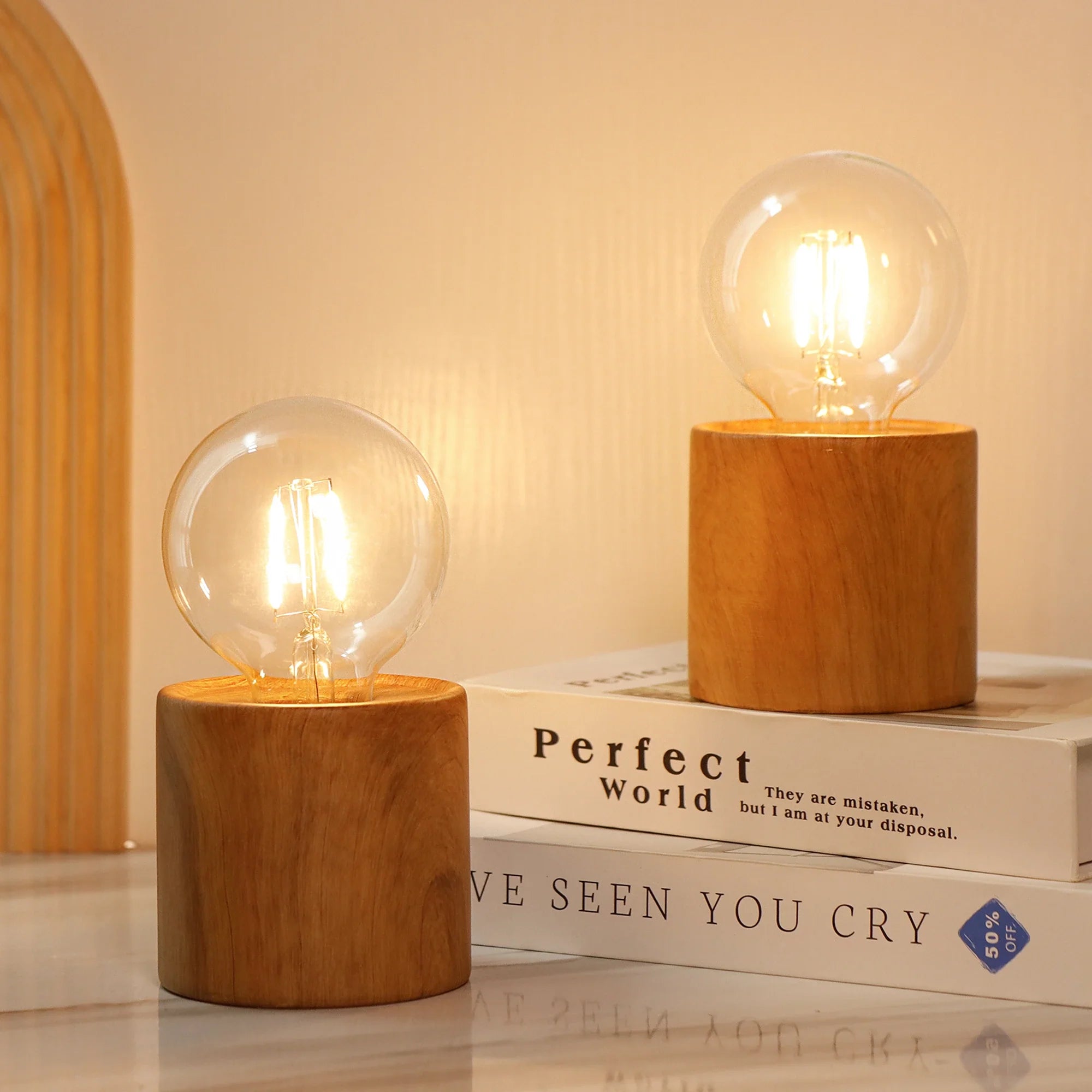 6.5" Tall Ceramic Set of 2 Wood Grain Table Lamp-1