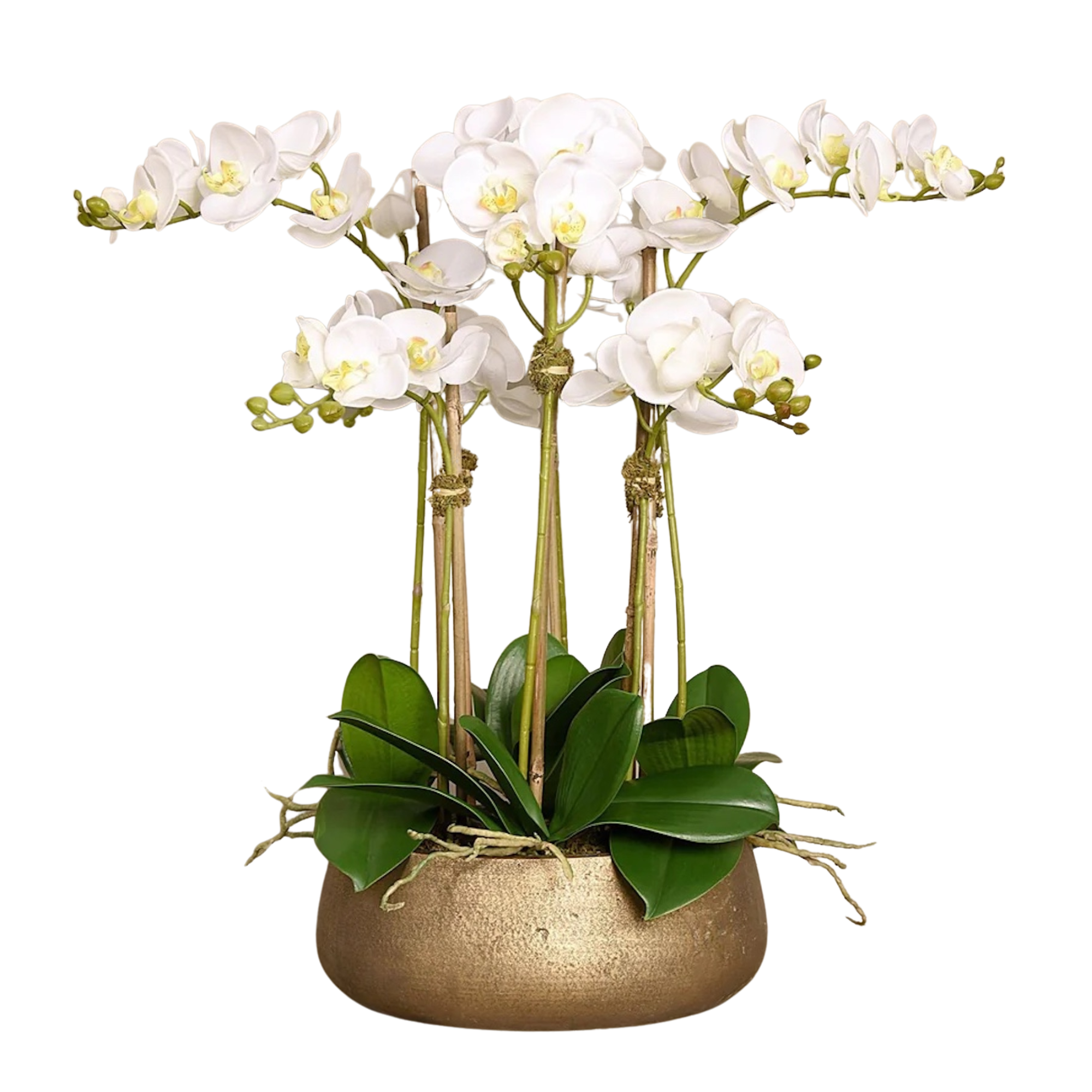 Faux white orchid arrangement in matte gold planter-3