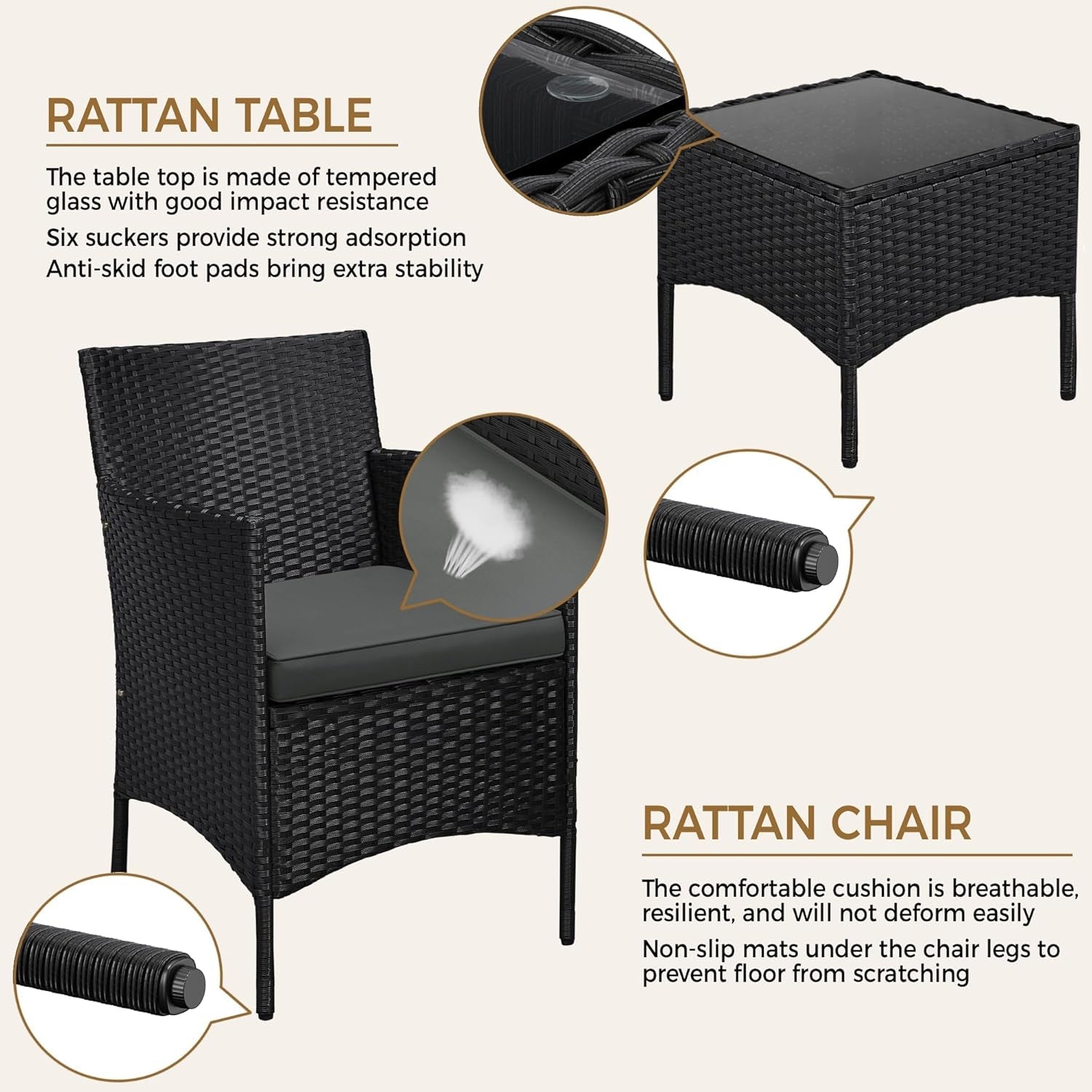 3 Piece Outdoor PE Rattan Wicker Patio Furniture Set With Soft Cushions And Glass Coffee Table