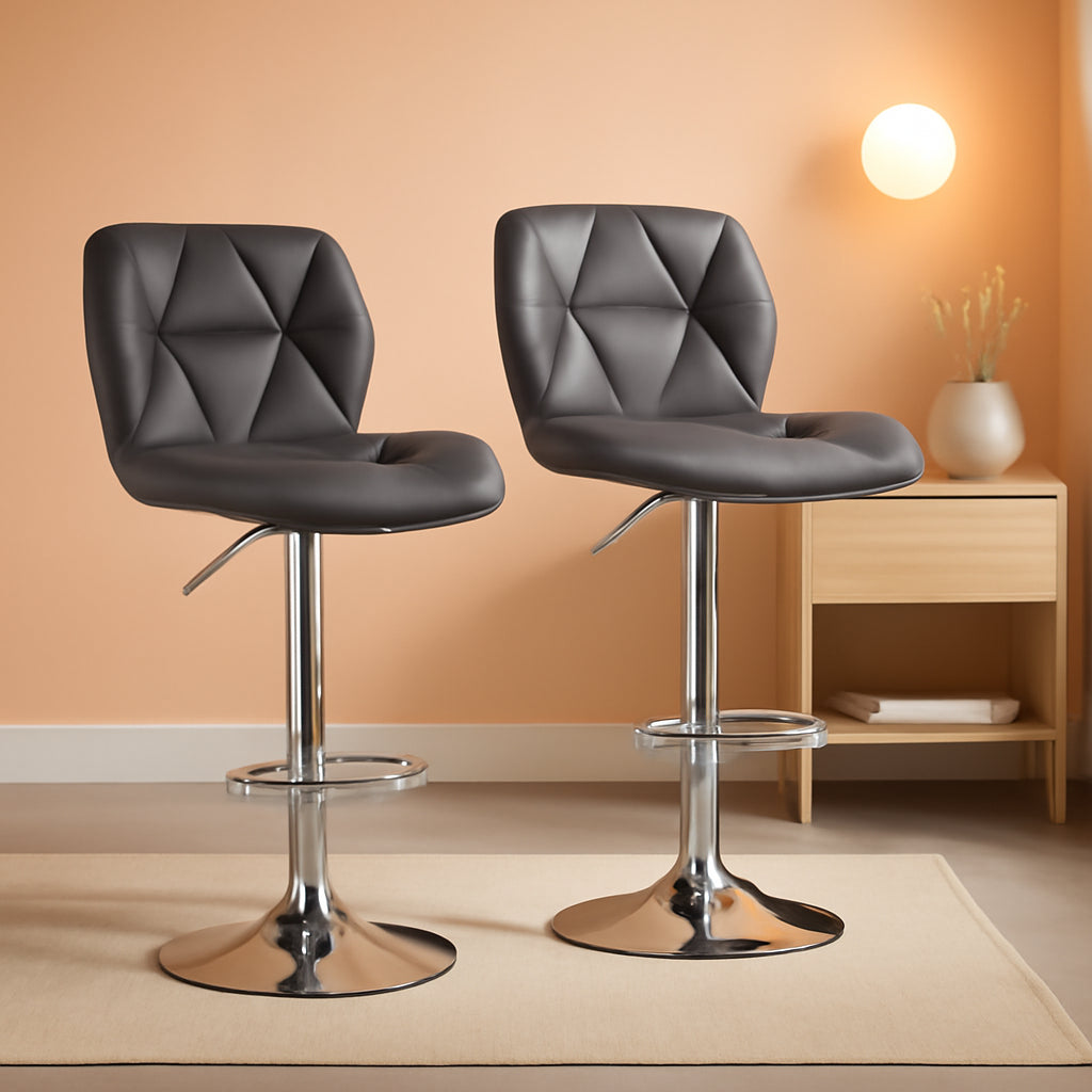 Grey PU Leather Bar Stool Set of 2 Height Adjustable Swivel