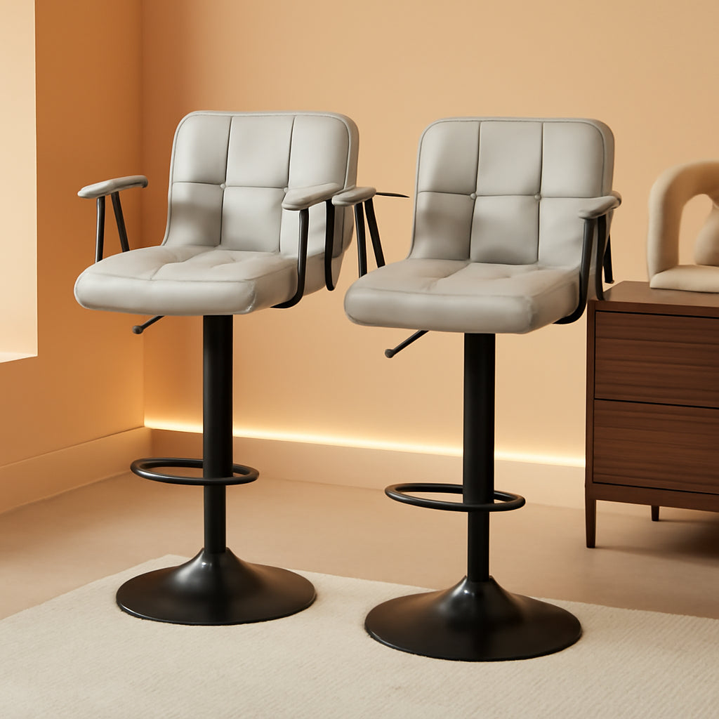 Bar Stools 2 Adjustable Swivel With Back Grey PU Leather