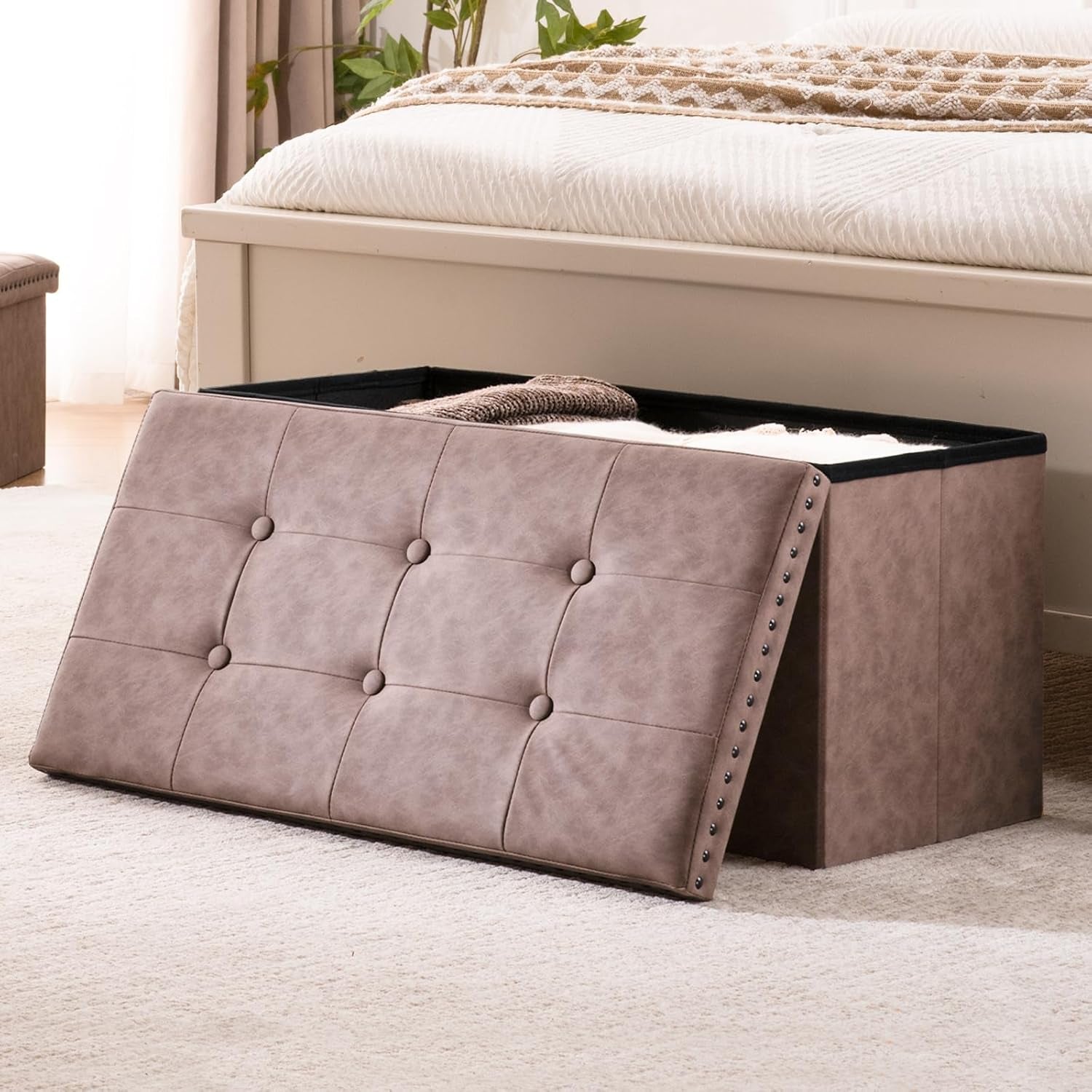 Oak Brown 30-Inch Foldable Storage Ottoman Bench