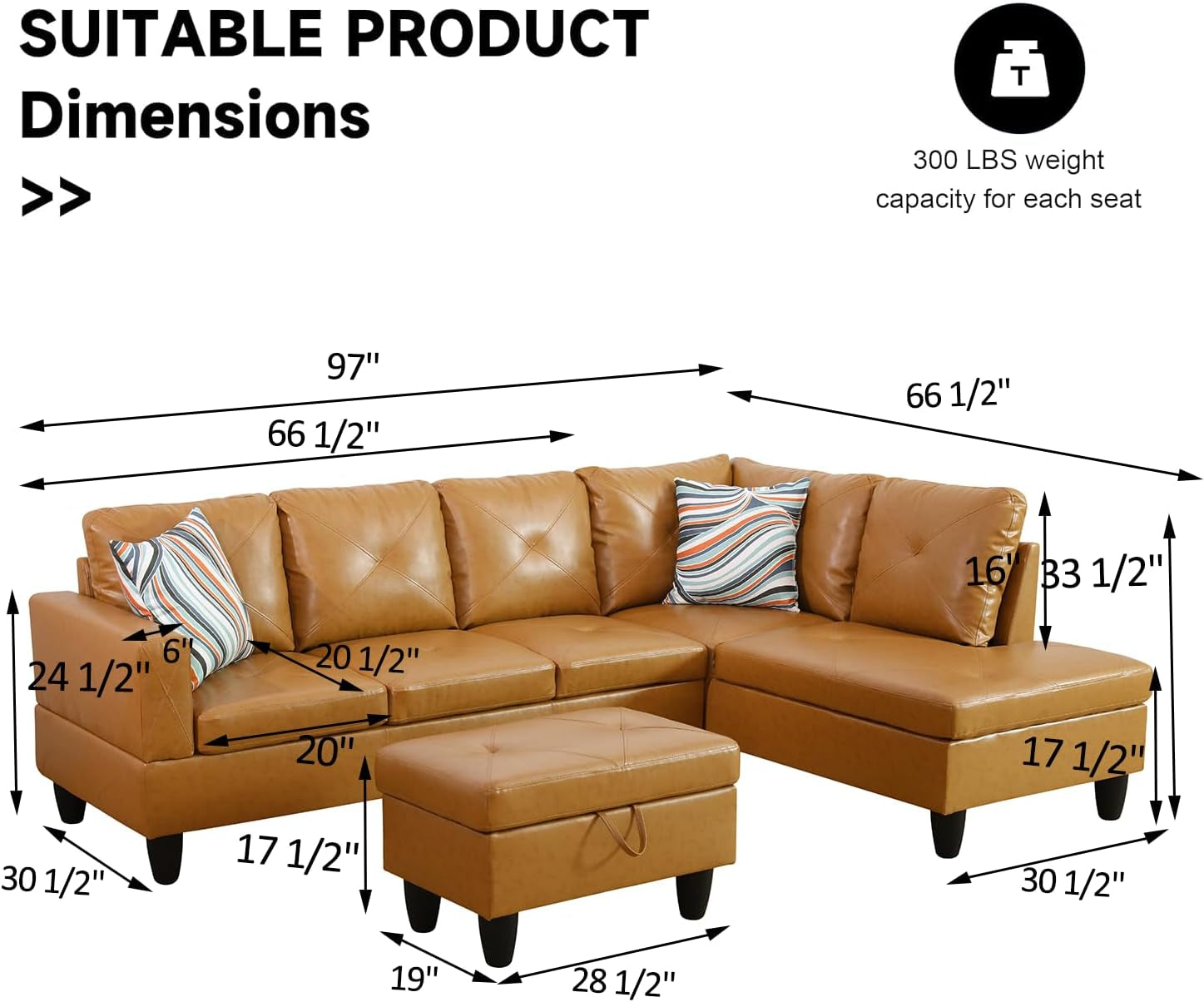 Leather Sectional Sofa L Shape With Storage Ottoman Ginger