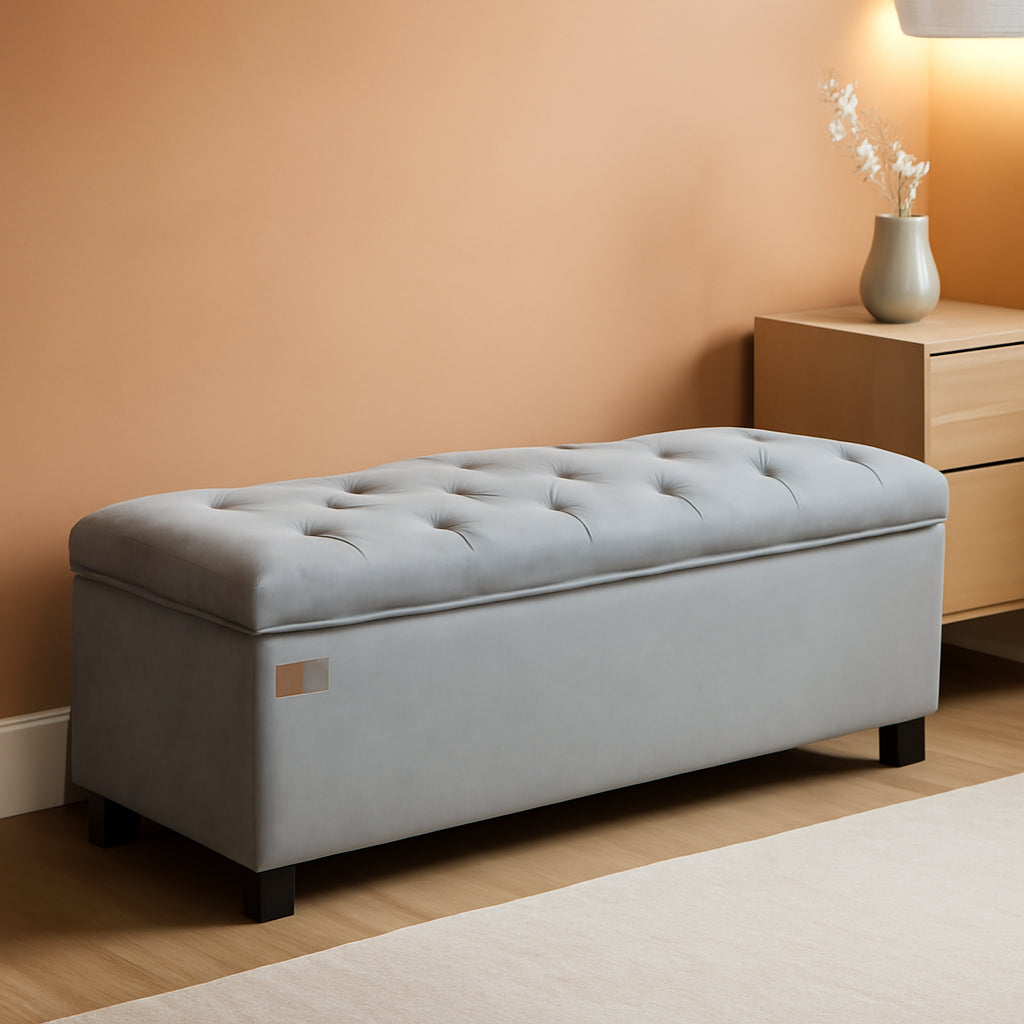 Dove Gray Velvet Storage Ottoman Bench 43 Inches Length