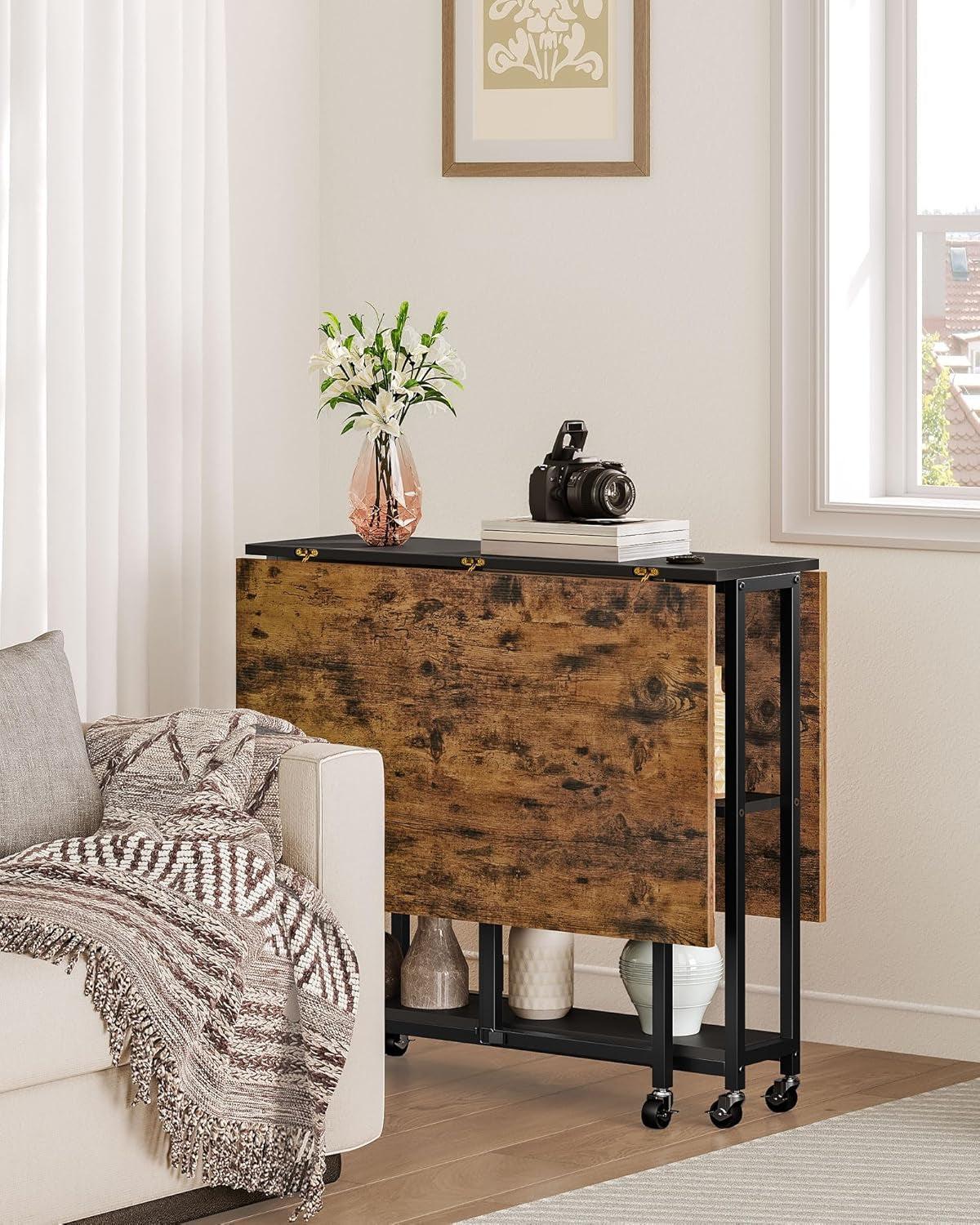 Rustic Brown Expandable Folding Dining Table With 6 Wheels